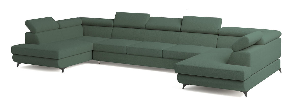 WOHNLANDSCHAFT URMANO Grün Boucle-Stoff mit Schlaffunktion - Grün, Holz (395/89/190cm) - MASSENO