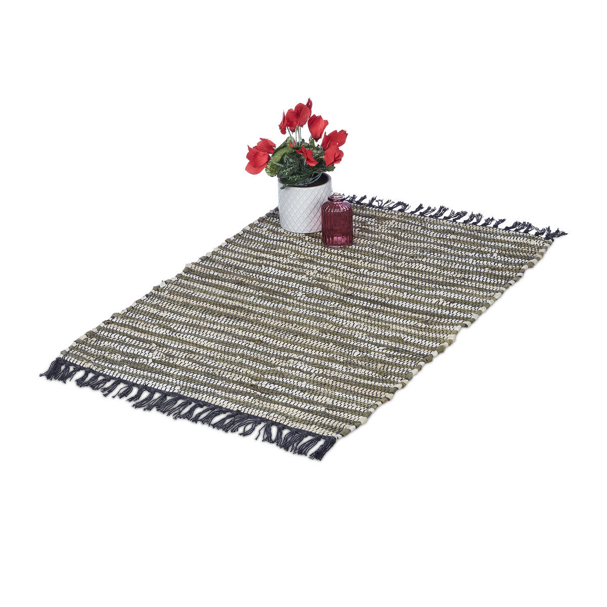 FLICKENTEPPICH - Beige/Grün, Leder/Textil (100/60cm) - Relaxdays