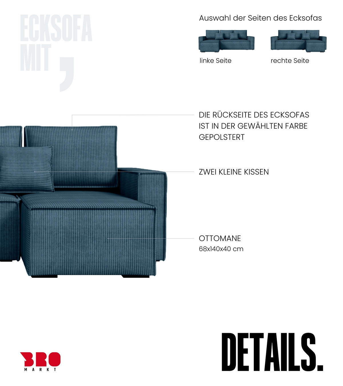 ECKSOFA Dexter mit Schlaffunktion Blau Cord - Blau, Textil (238/141cm) - Bromarkt