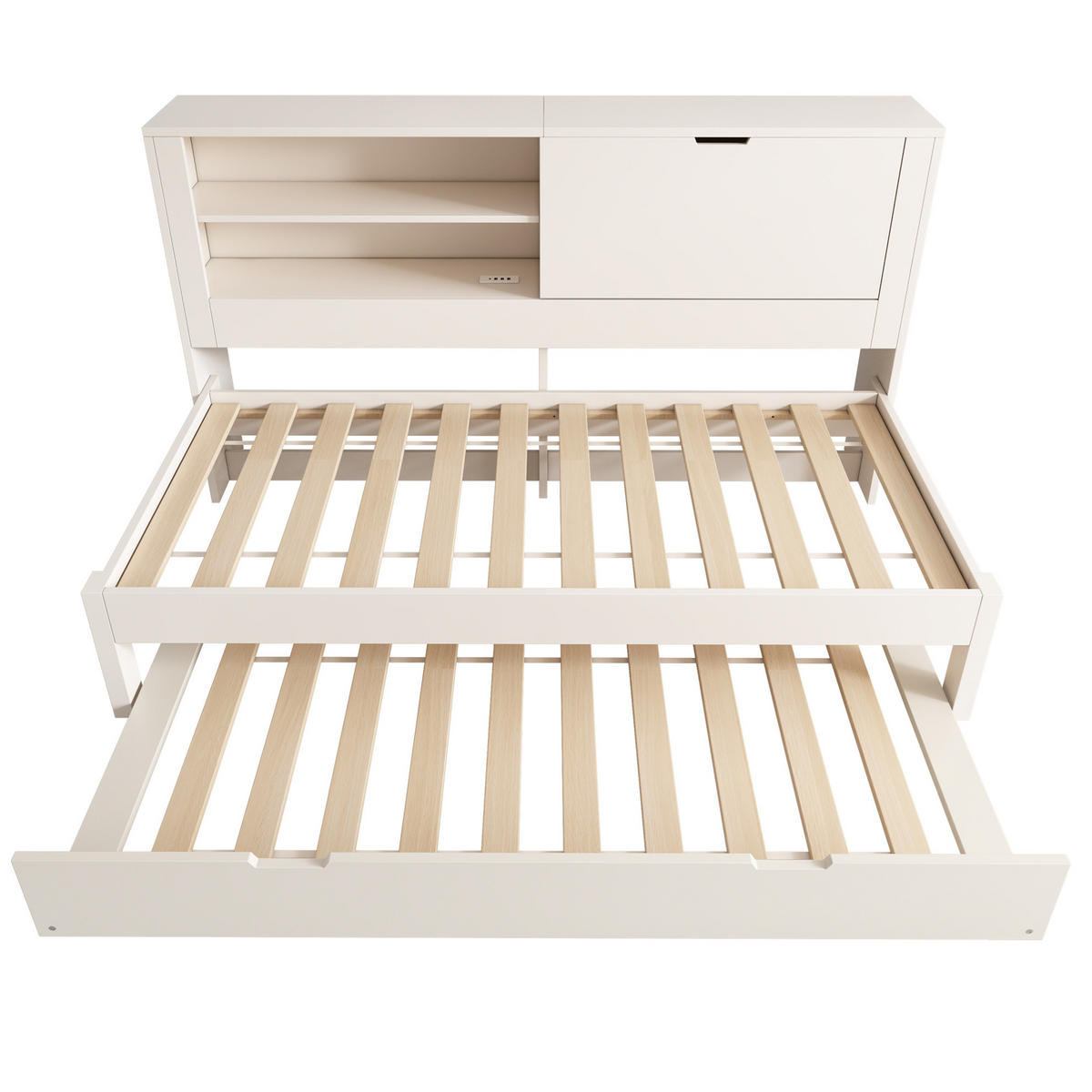 SOFABETT 90/200 cm mit Ausziehbett, Stauraum-Rückwand und USB-Ladestation - Weiß, Textil (90/200cm) - BEAOK