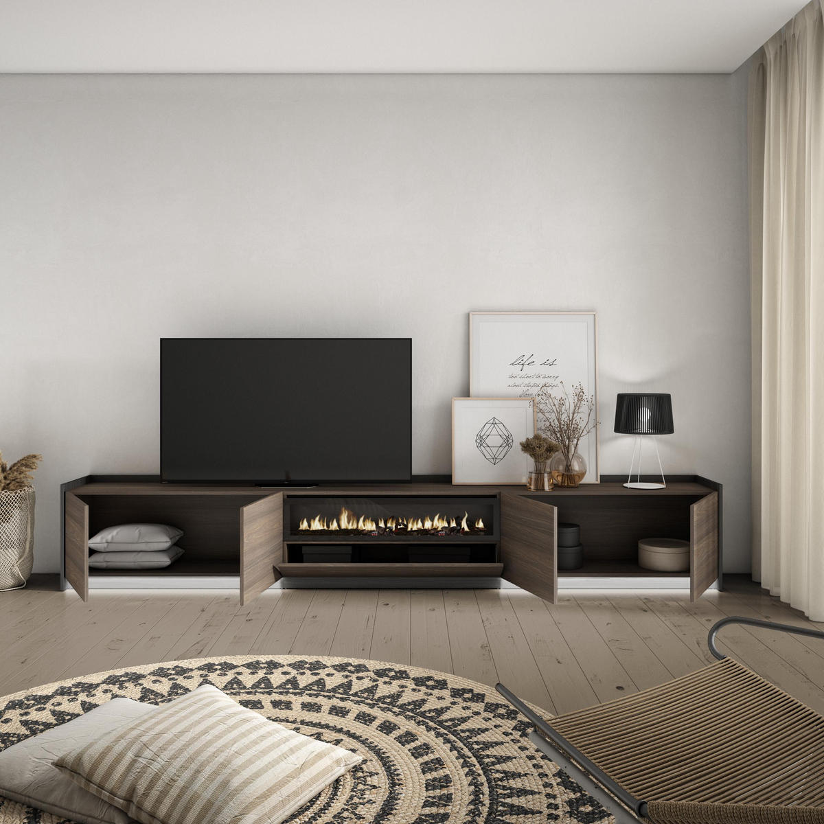 LOWBOARD, Eiche und Schwarz, 310/37/50cm, Kamin mit Feuereffekt - Dunkelbraun, Holzwerkstoff (310/50/37cm) - Skraut Home