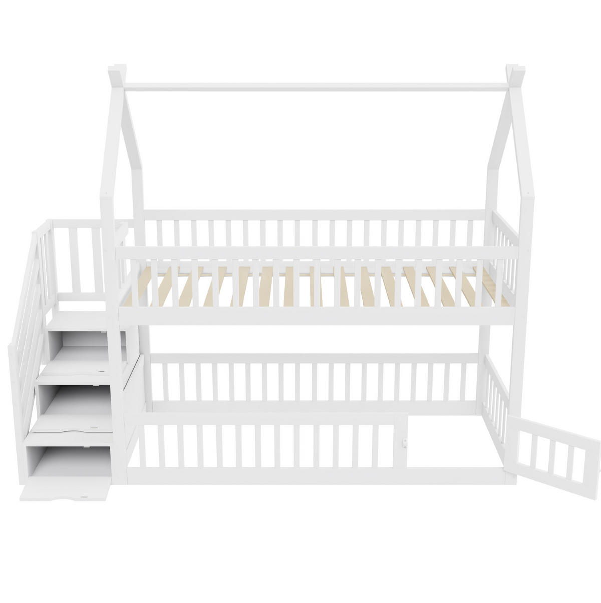 ETAGENBETT aus Massivholz 90x200 cm in Weiß mit Treppe & Schubladen - Weiß, Holz (90/200cm) - Modfu