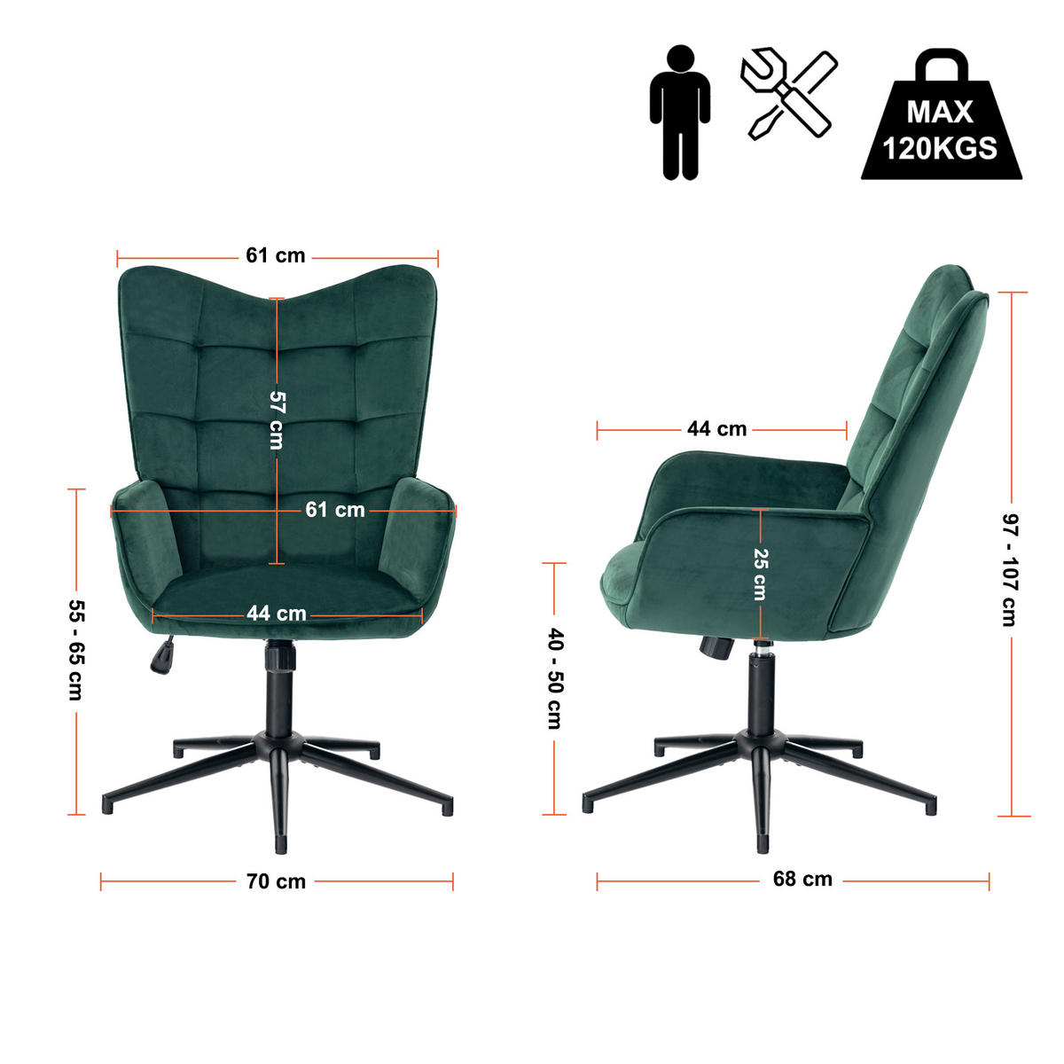 SESSEL höhenverstellbar, Grün Samt - Dunkelgrün/Schwarz, Holz/Textil (70/107/68cm) - Urban Meuble