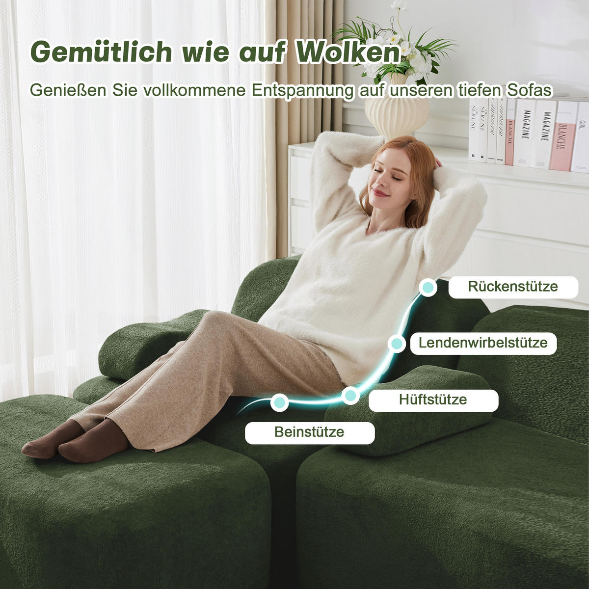 3-SITZER Sofa 288×98×70 cm Samt rahmenlos modular, grün - Grün, Textil (98/70/288cm)