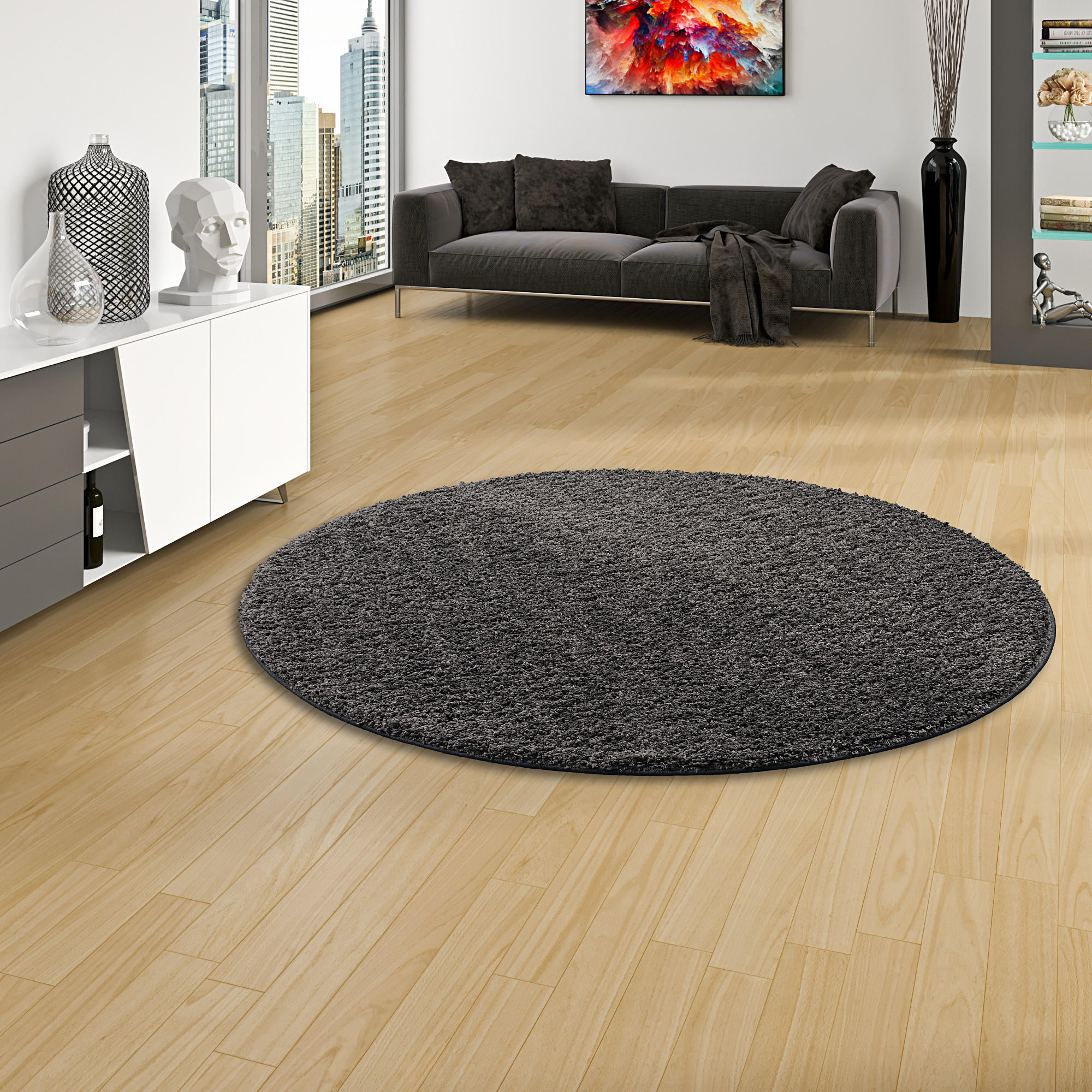 LUXUS HOCHFLOR LANGFLOR TEPPICH MILANO RUND - Anthrazit, Textil (200/200cm) - Snapstyle