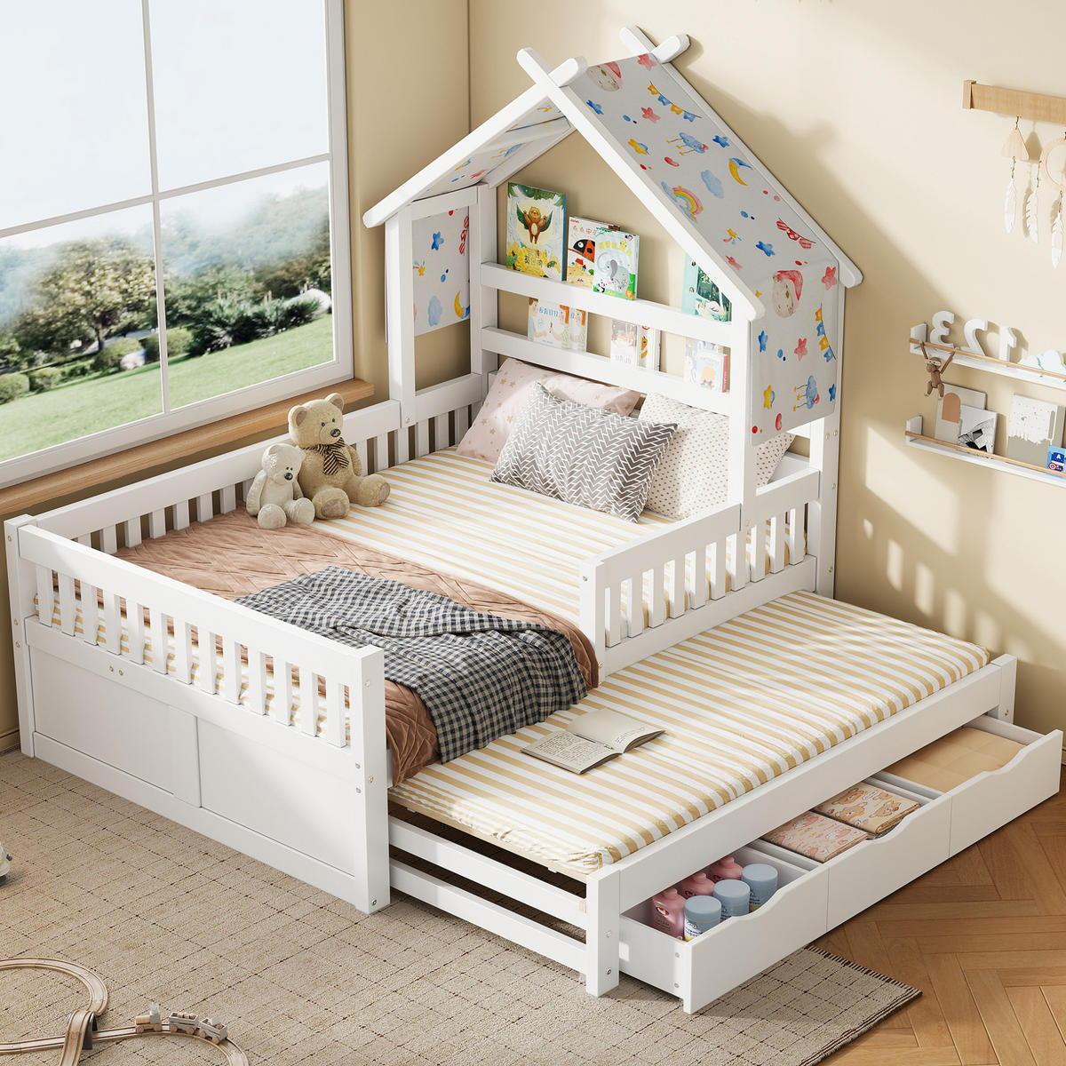 HAUSBETT 140/200 cm Weiß mit Ausziehbett und 3 Schubladen - Weiß, Holz (140/200cm) - MIVRAY