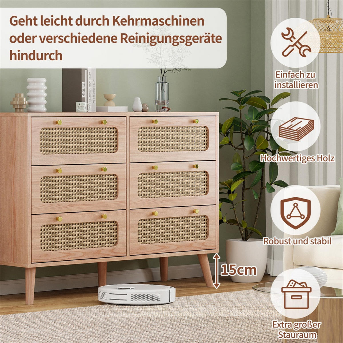 KOMMODE mit 6 Schubladen - Beine aus Massivholz - Rattan-Kommode für Wohnzimmer und Schlafzimmer - Eiche - Eichefarben, Holzwerkstoff (100/73/34cm) - DELFA