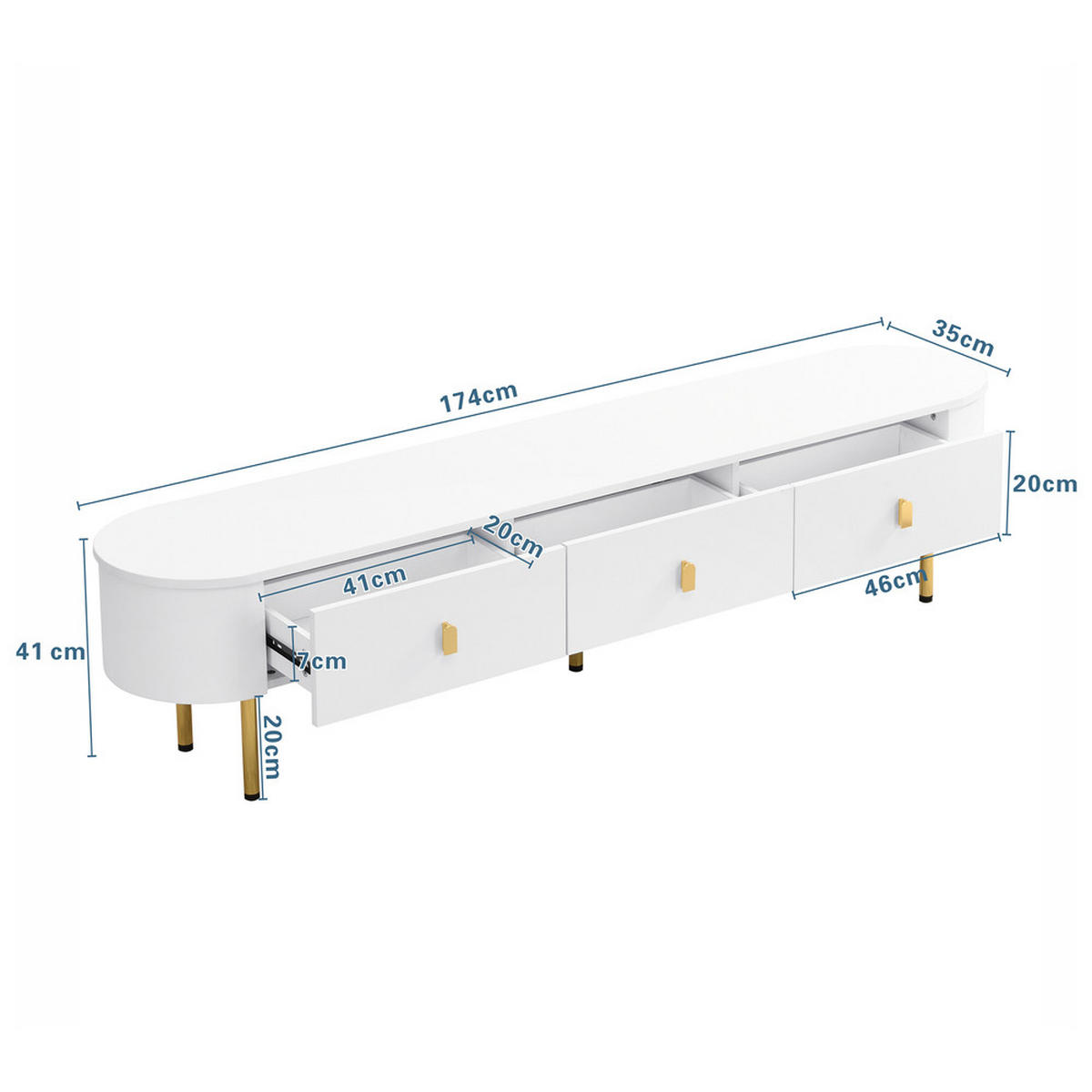 TV-SCHRANK Lowboard Weiß goldene Griffe & Beine geschwungene Ecken - Weiß, Holz (41.91/27.94/45.08cm) - FLIEKS