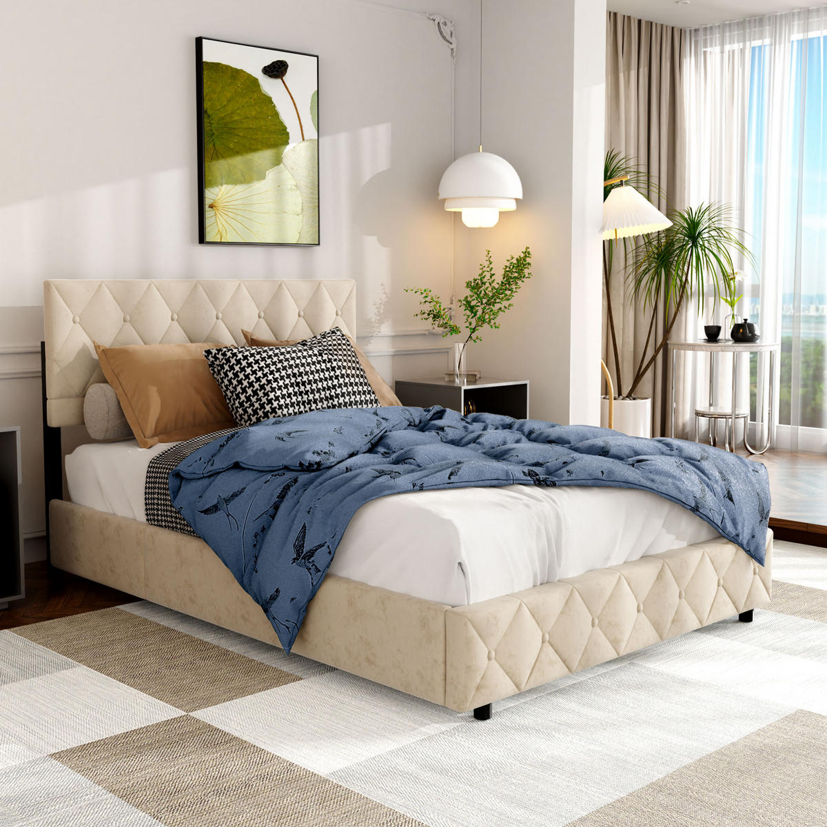 POLSTERBETT 140/200 cm mit Bettkasten in Beige aus Samtstoff Bettgestell mit Metallrahmen, ohne Matratze - Beige, Holzwerkstoff/Textil (140/200cm) - STILVORA