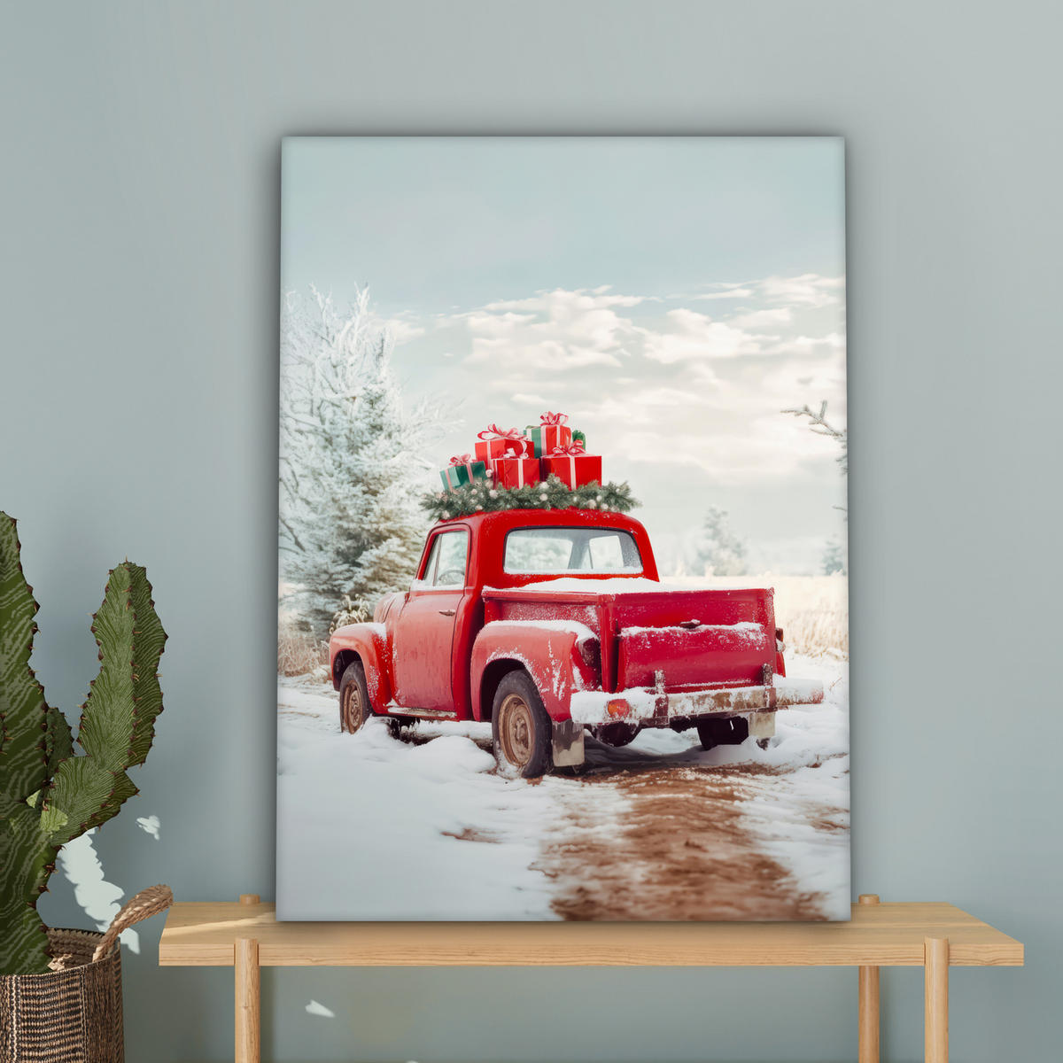 LEINWANDBILD Auto - Rot - Geschenke - Winter - Schnee - Weihnachten 60x80 cm - Rot, Textil (60/80cm) - MuchoWow