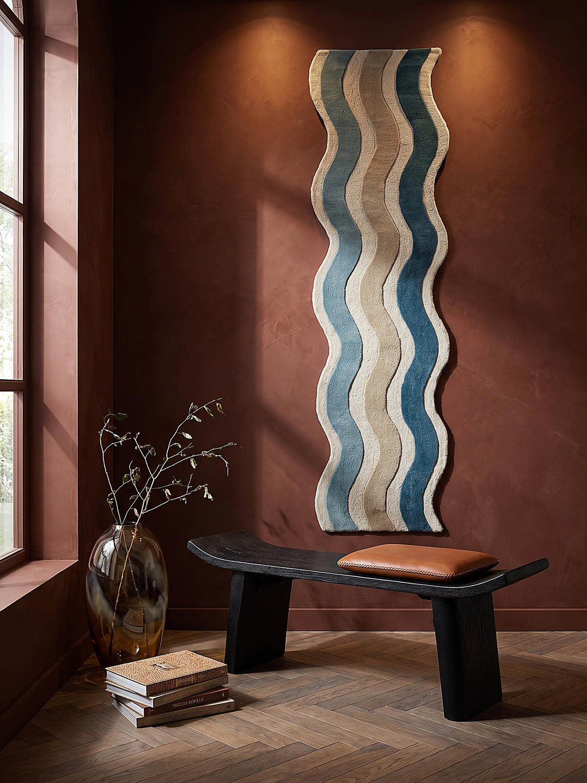 LÄUFER handgetuftet MONNOW, in Natur-Blau, Wellenstreifen, 80 x 300 cm - Beige, Textil (80/300cm) - KADIMA DESIGN