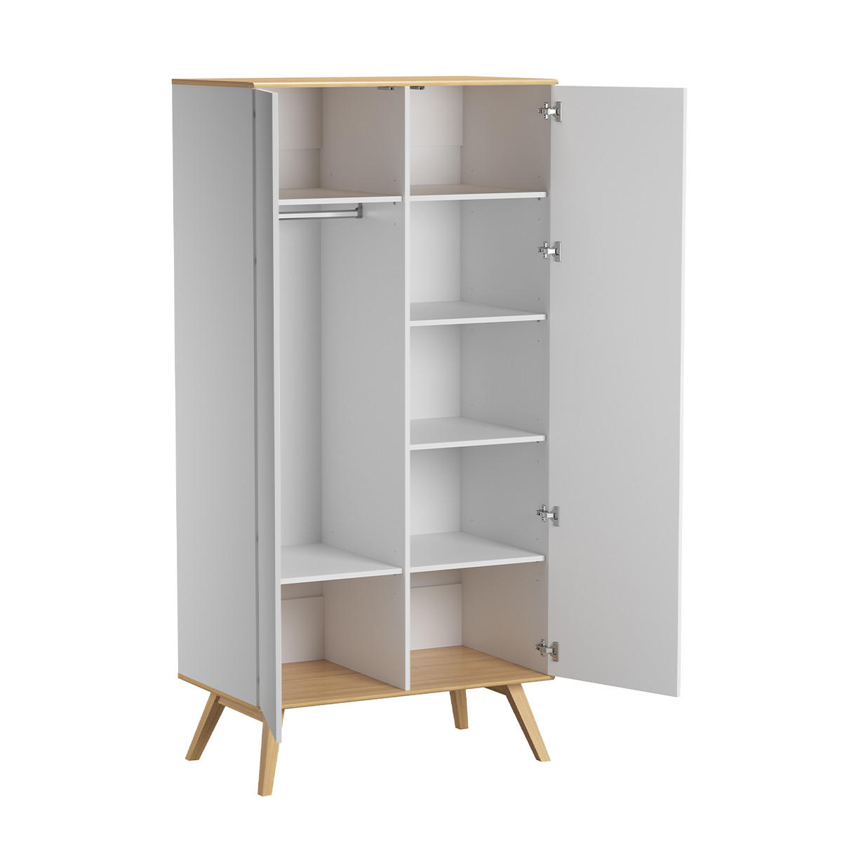 KLEIDERSCHRANK mit Kleiderstange, 8 Regalen, und 2 Türen, L100 x H207cm - Nature - Weiß, Holzwerkstoff (100/207.5/58cm) - Calicosy