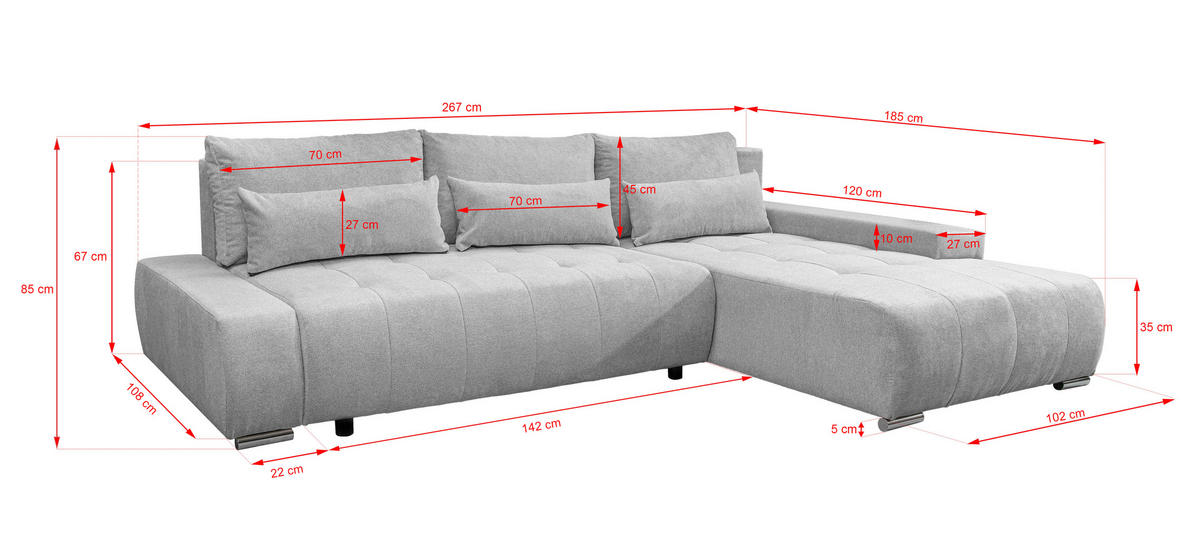ECKSOFA Bloom mit Bettkasten und Schlaffunktion L-Form - Hellgrau, Textil (267/185cm)