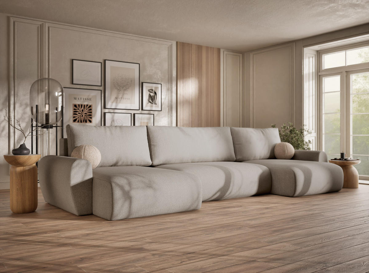 WOHNLANDSCHAFT MIT SCHLAFFUNKTION Numba Beige Webstoff - Beige/Schwarz, Holz/Holzwerkstoff (397/70/153cm) - Maison de Reve