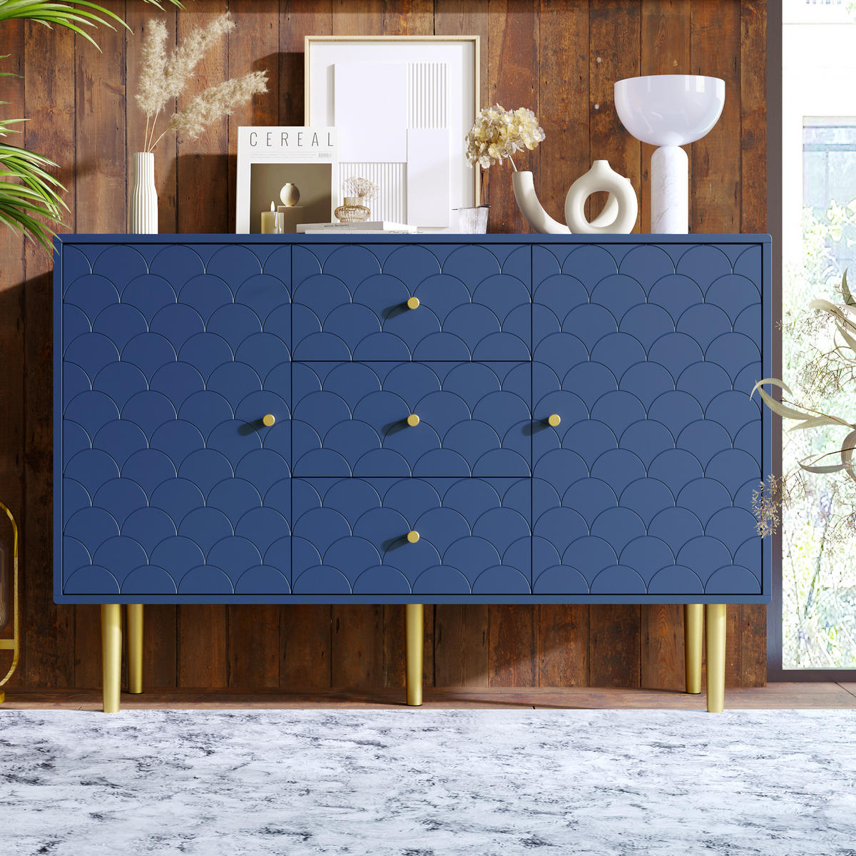 KOMMODE mit 2 Türen, 3 Schubladen und verstellbaren Einlegeböden, 120 x 40 x 83 cm, Dunkelblau, Holz und Metall - Dunkelblau, Holzwerkstoff (120/83/40cm) - SONNENH