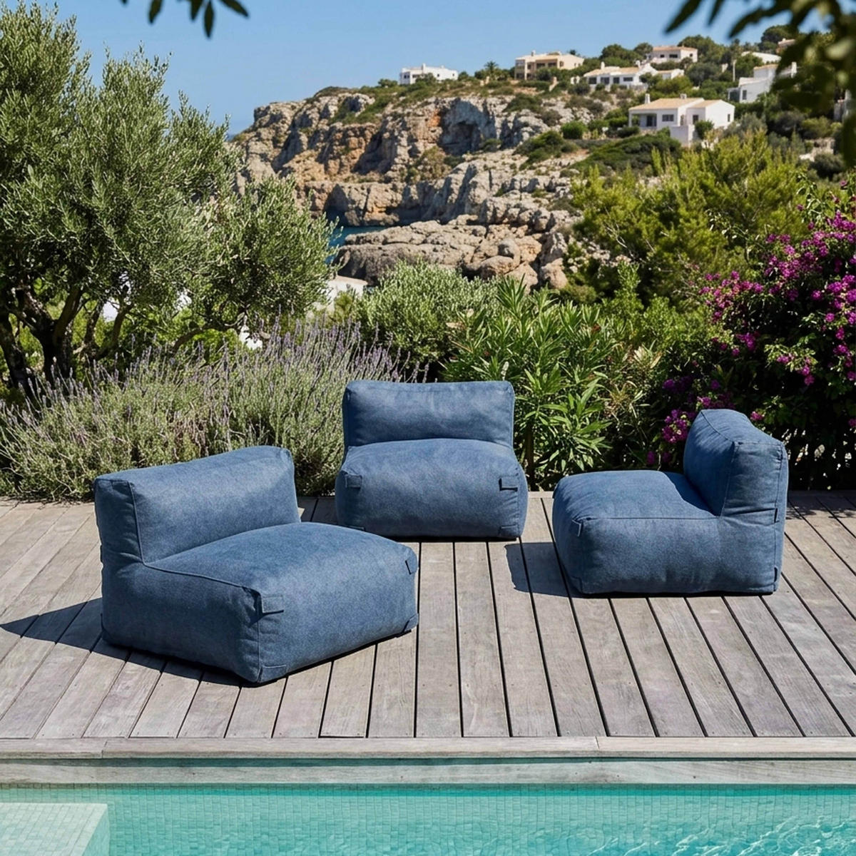 GARTENSOFA mit 3 Sitzplätzen, Pazifikblau - Blau, Textil - Oviala