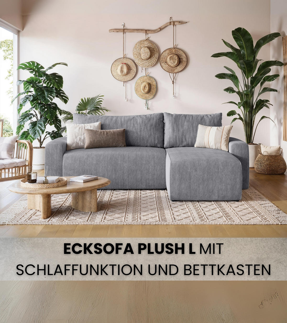 ECKSOFA PLUSH mit Schlaffunktion Grau Cord - Grau, Textil (240/145cm) - Bromarkt