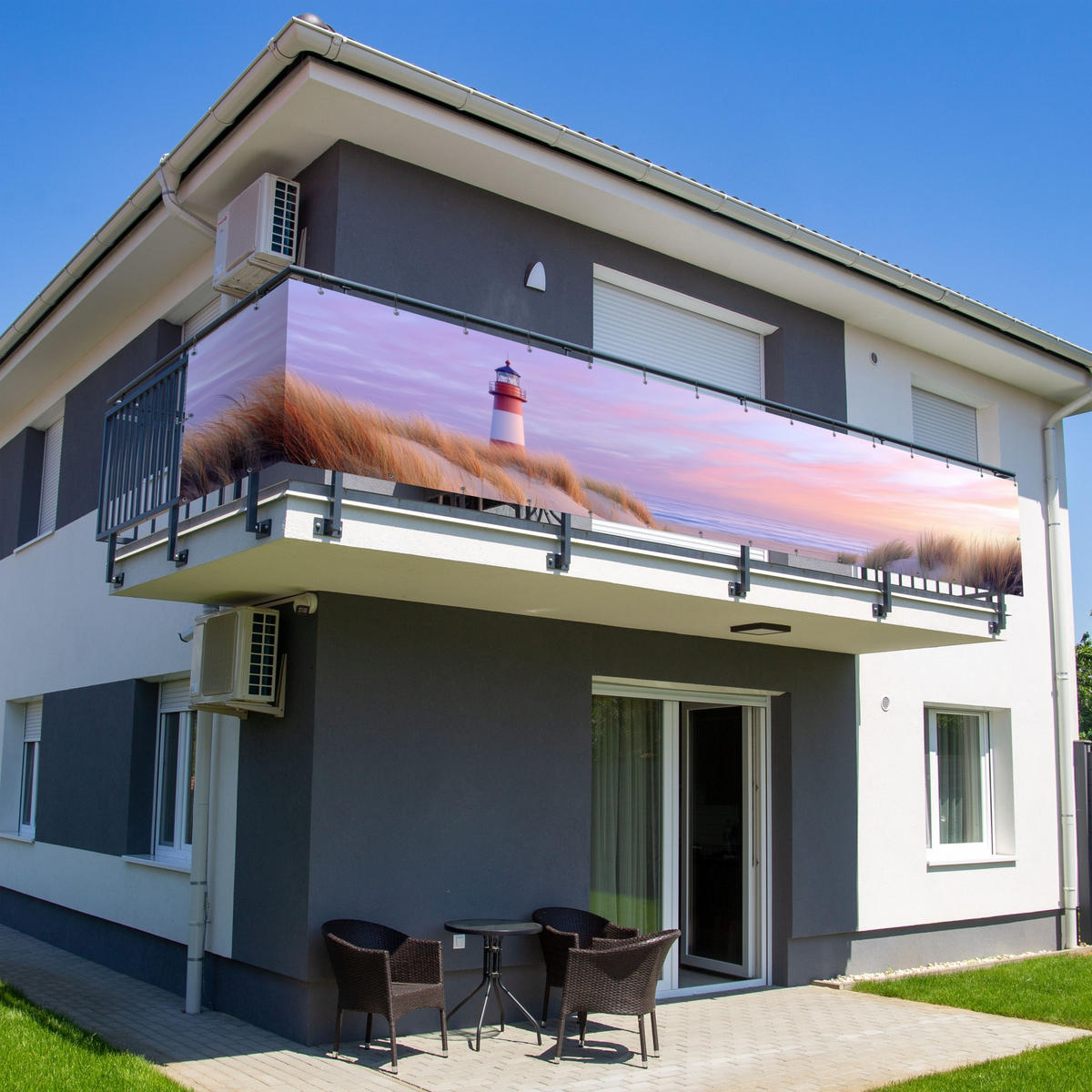BALKON-SICHTSCHUTZ Leuchtturm - Dünen - Sonnenuntergang 500x90 cm - Hellrosa, Kunststoff (500/90cm) - MuchoWow