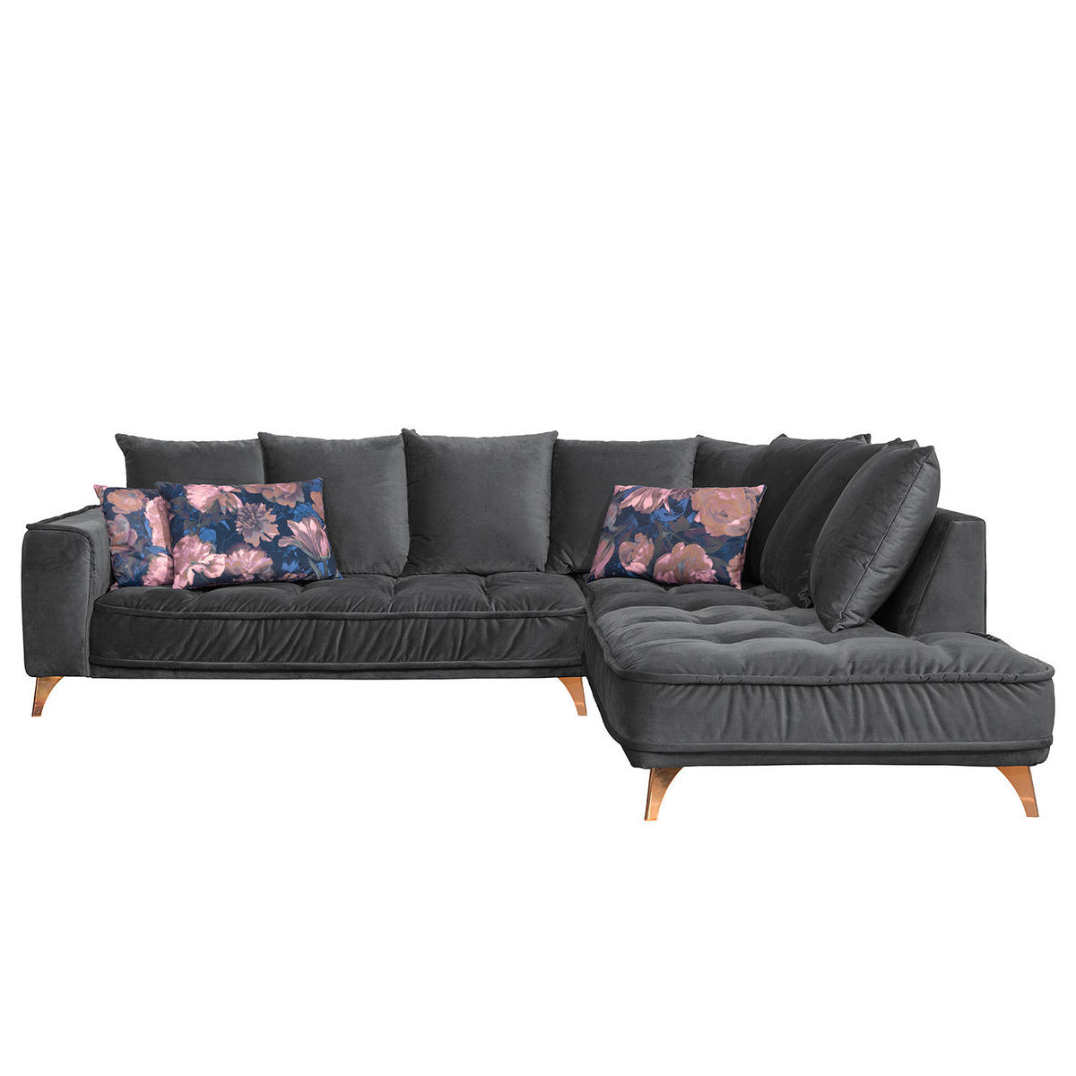 ECKSOFA mit Ottomane - Samt - Schwarz, Textil/Metall (288/245cm) - home24