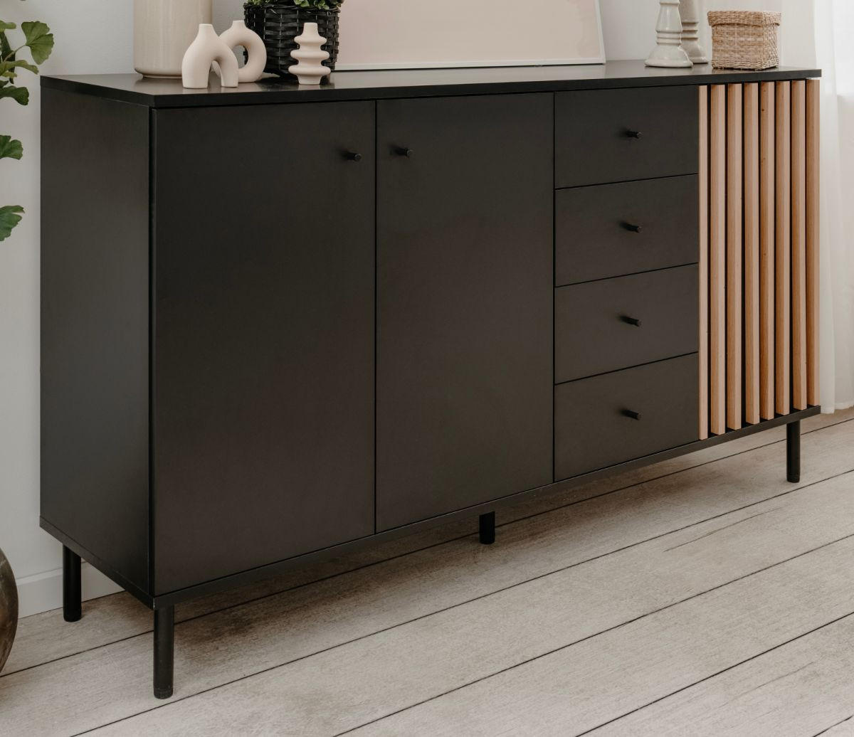 SIDEBOARD schwarz, Eiche Artisan 160 cm, Kommode mit viel Stauraum - Schwarz/Eiche Artisan, Holzwerkstoff/Metall (160/90/40cm) - Furn.Design