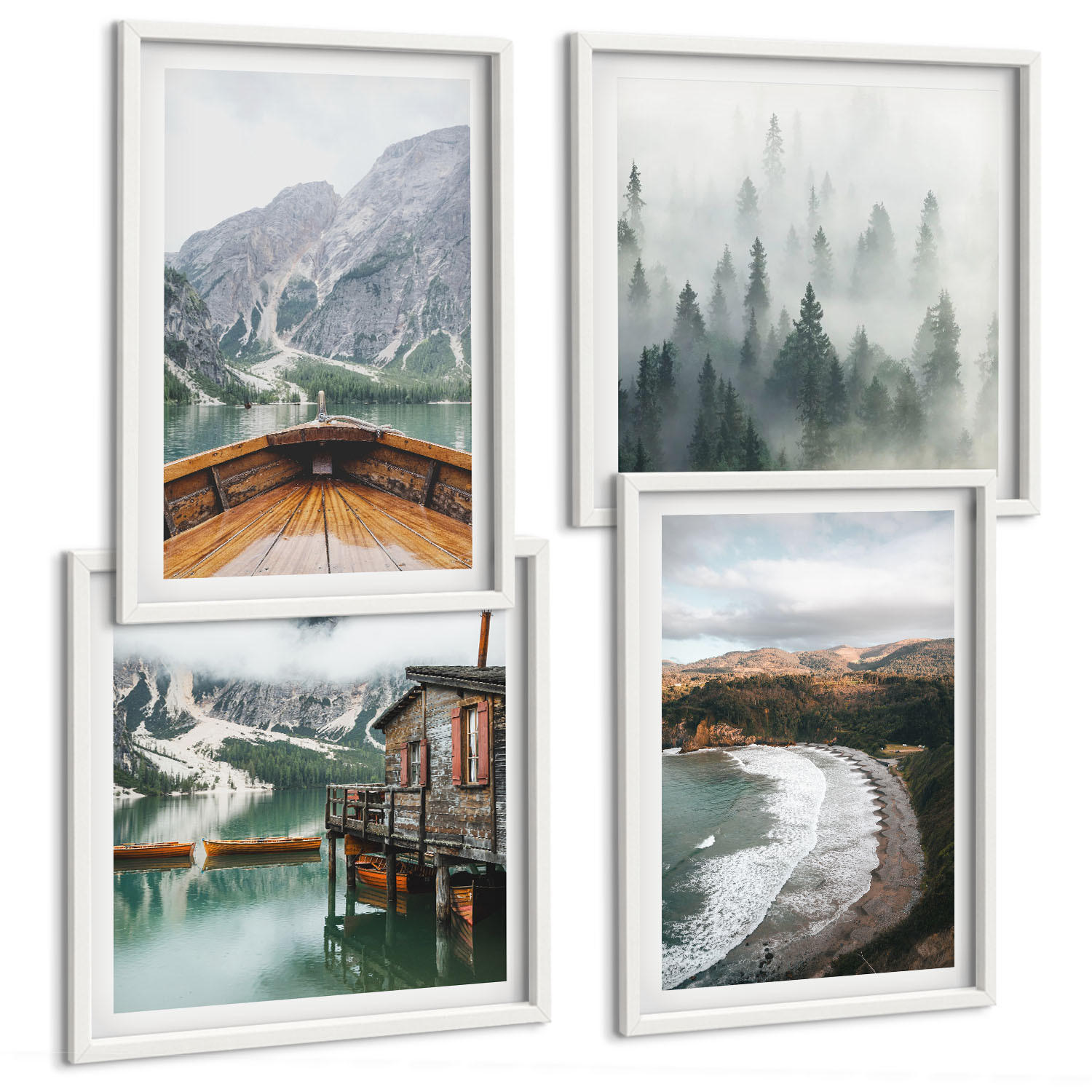 BILDER SET 4er Set - 50x50 cm & 40x60 cm Weißer Rahmen - Berge, See, Boot, Nebel, Strand - Weiß, Kunststoff (50/50cm) - TULUP