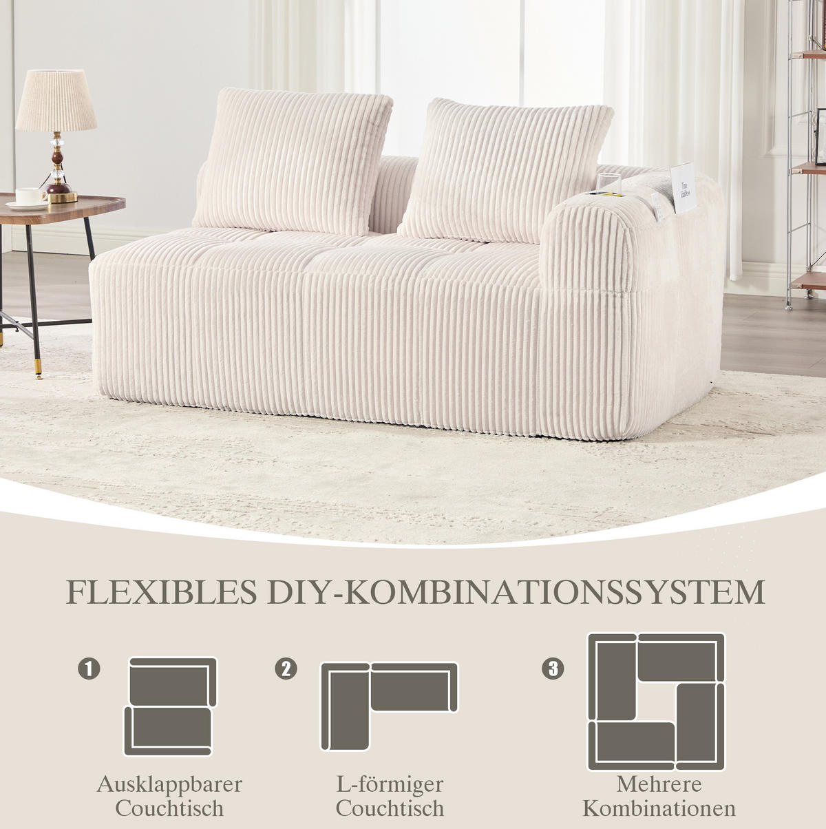 2-SITZER 158/93/61 cm Beige aus Cord mit Becherhalter - Beige, Textil (93/61/158cm) - OKMYHOME