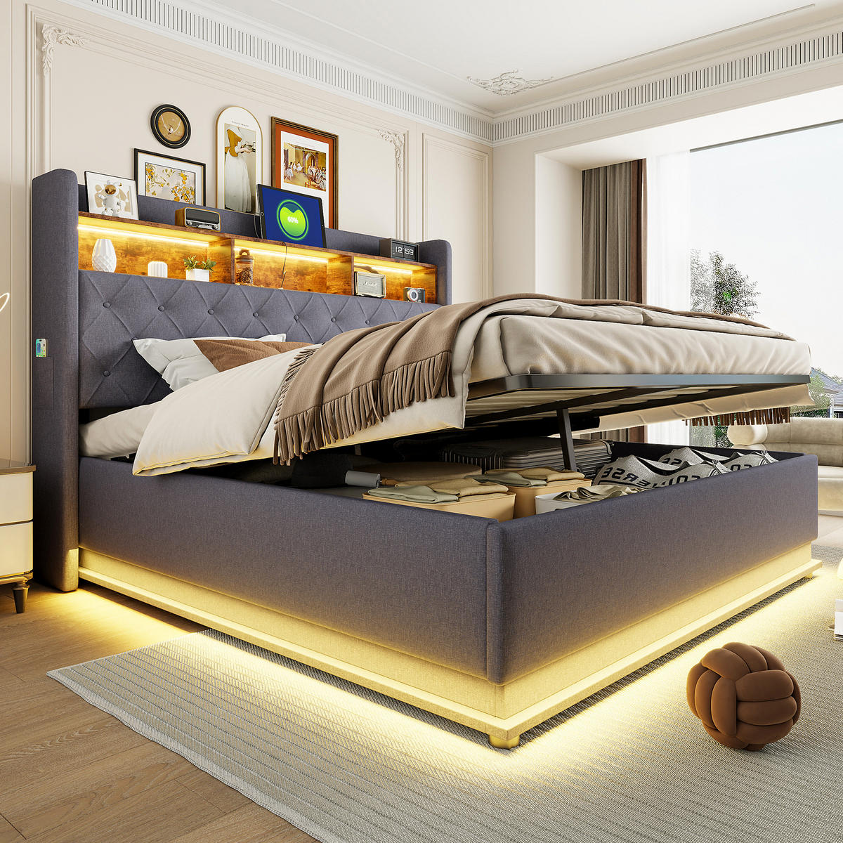 POLSTERBETT 180/200 cm Grau mit LED-Beleuchtung und USB-Anschluss aus Leinen - Grau, Textil (180/200cm) - OKWISH