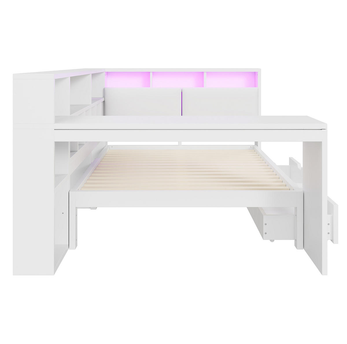 POSTEĽ 140/200 cm biela z MDF a preglejky s písacím stolom, knižnicou, zásuvkami a LED čelom - biela, kompozitné drevo (140/200cm) - OKWISH