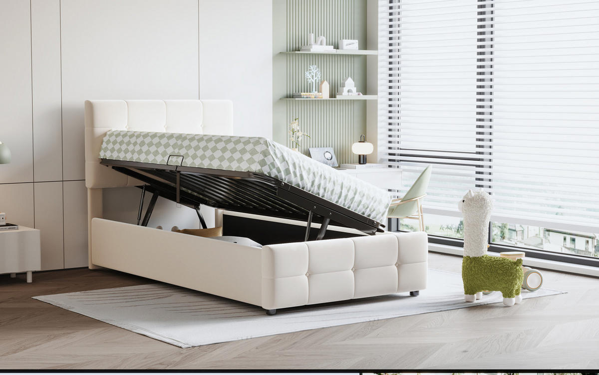 KINDERPOLSTERBETT 90/200 cm Beige aus Samtstoff mit Stauraum und höhenverstellbarem Kopfteil - Beige, Textil (90/200cm) - OKMYHOME