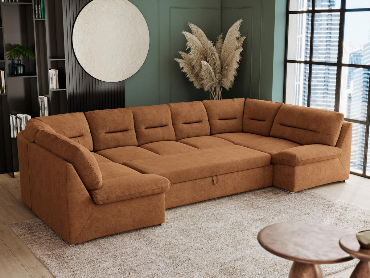 WOHNLANDSCHAFT COMODO U Orange Struktur - Silberfarben/Orange, Textil/Metall (340/93/206cm) - MKS