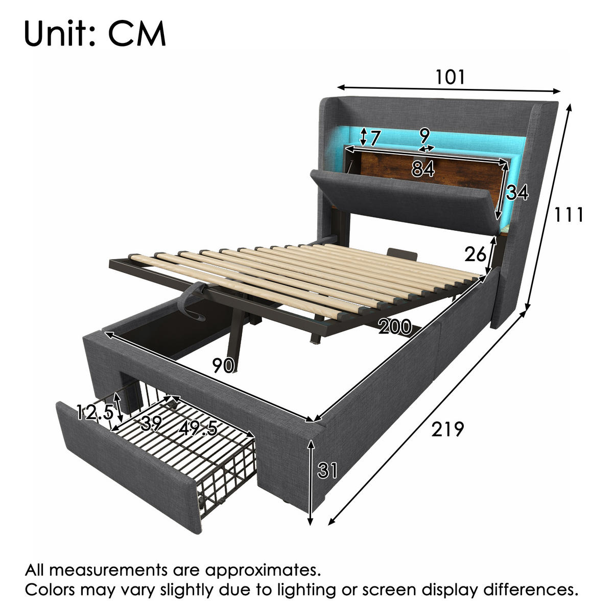 POLSTERBETT 90/200 cm mit LED-Beleuchtung, USB- und USB-C-Anschluss, Stauraum und Schublade und Matratze, Leinen, Grau - Grau, Textil (90/200cm) - Redom