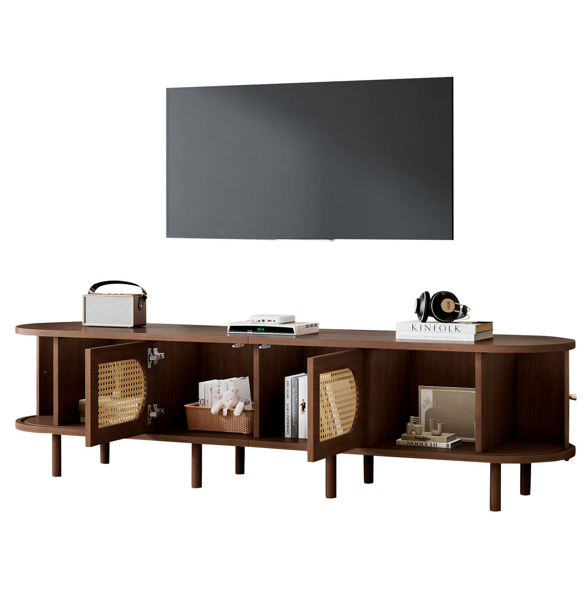 TV-LOWBOARD aus MDF 180x40x40 cm Dunkle Eiche mit Rattan-Stil, 2 Schrank- und 2 Rollladentüren - Braun, Holzwerkstoff (180/40/40cm) - IVMEU
