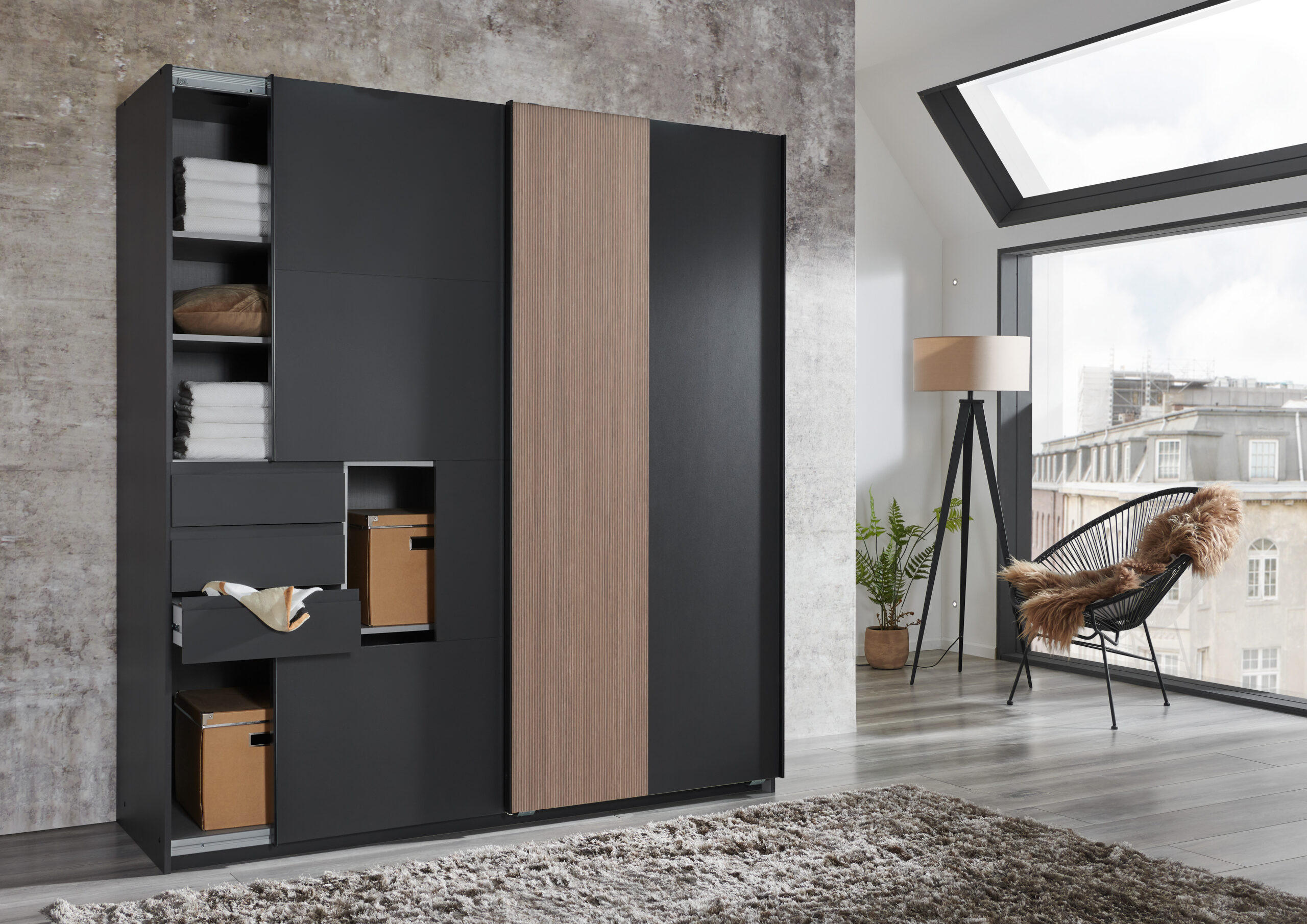 KLEIDERSCHRANK Coburg in Grafit mit Multiplex- Optik - Schwebetürenschrank - Grau, Holzwerkstoff (180/198/65cm)