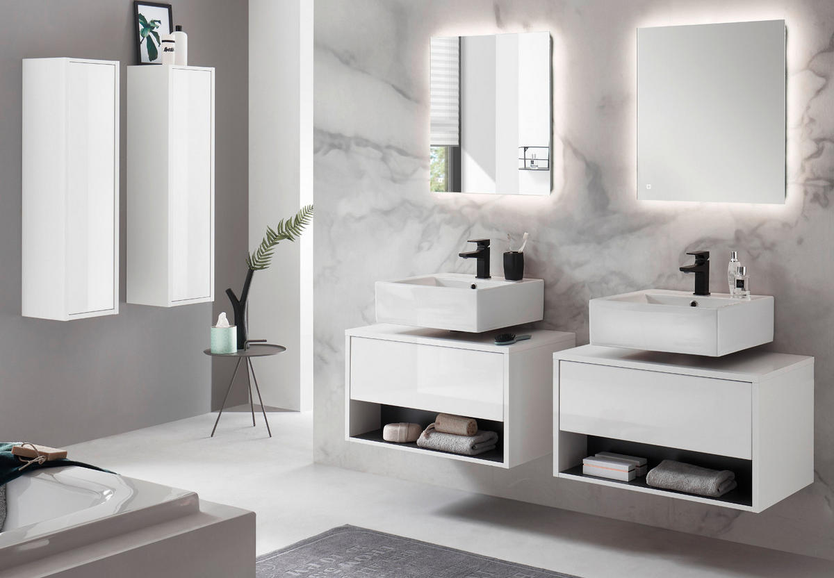 BADMÖBEL-SET 6-teilig weiß Hochglanz, grau, Komplettset mit LED Beleuchtung - Weiß Hochglanz/Grau, Glas/Holzwerkstoff (250/190/46cm) - Furn.Design