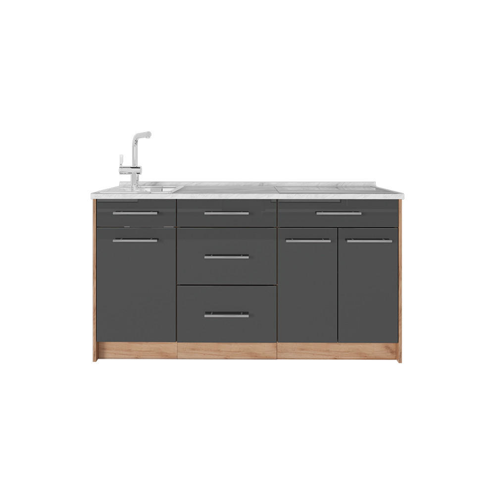 KÜCHENBLOCK Fame-Line, Anthrazit Hochglanz, 150 cm, AP Marmor - Schwarz Hochglanz, Holzwerkstoff (150/82/60cm) - Vicco