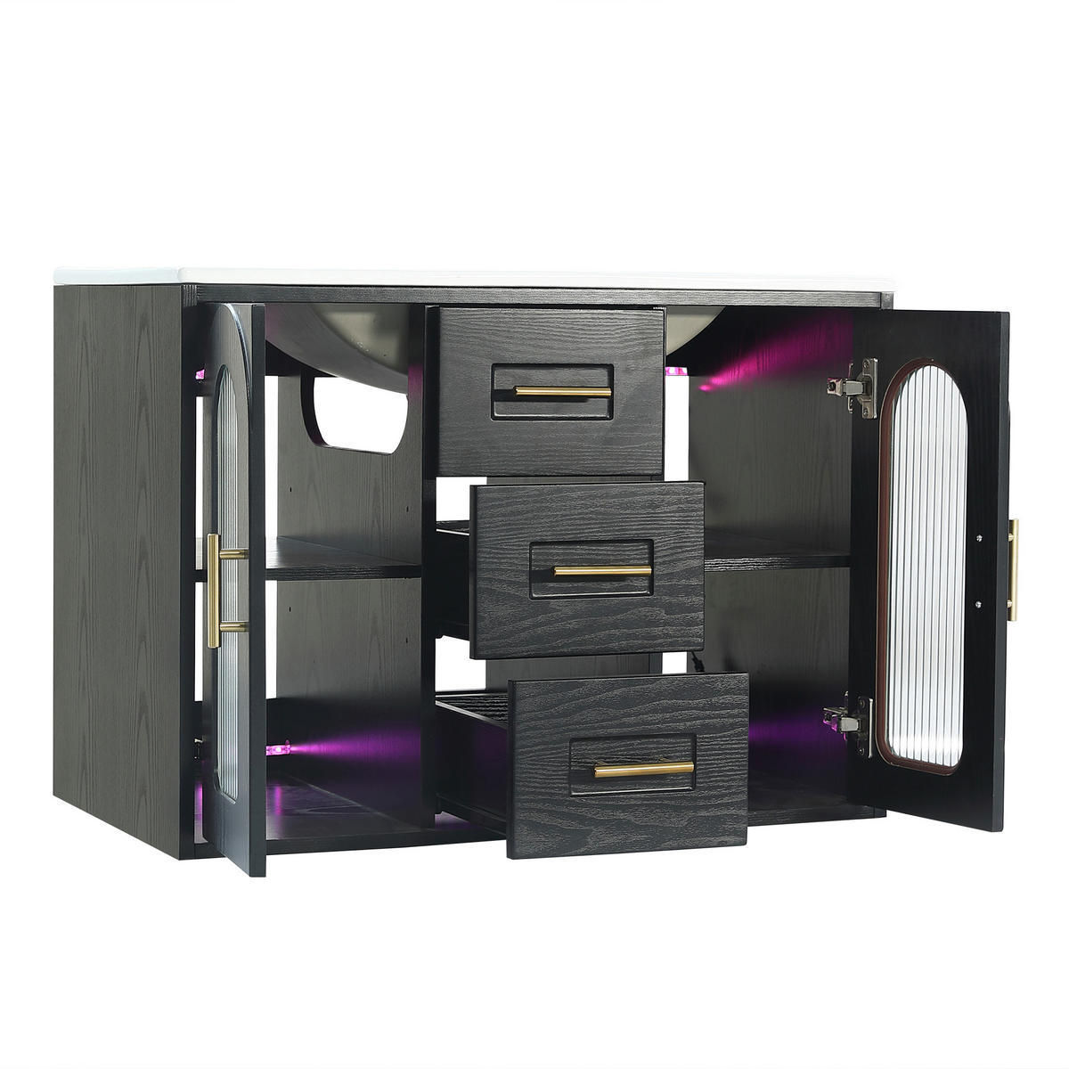 WASCHTISCHKOMBI 76/46/55 cm Schwarz mit LED-Beleuchtung und 3 Schubladen - Schwarz, Holz/Holzwerkstoff (46/55/76cm) - Oxeza