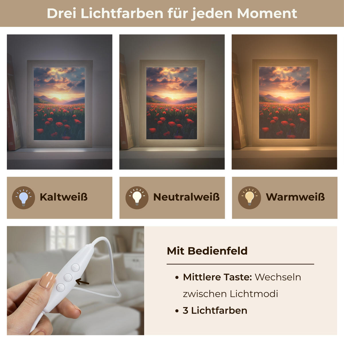 TISCHLEUCHTE Landschaft - Sonnenuntergang - Blumenfeld 15x20 cm - Dunkelblau, Holzwerkstoff (8/15/20cm) - OnlyWow