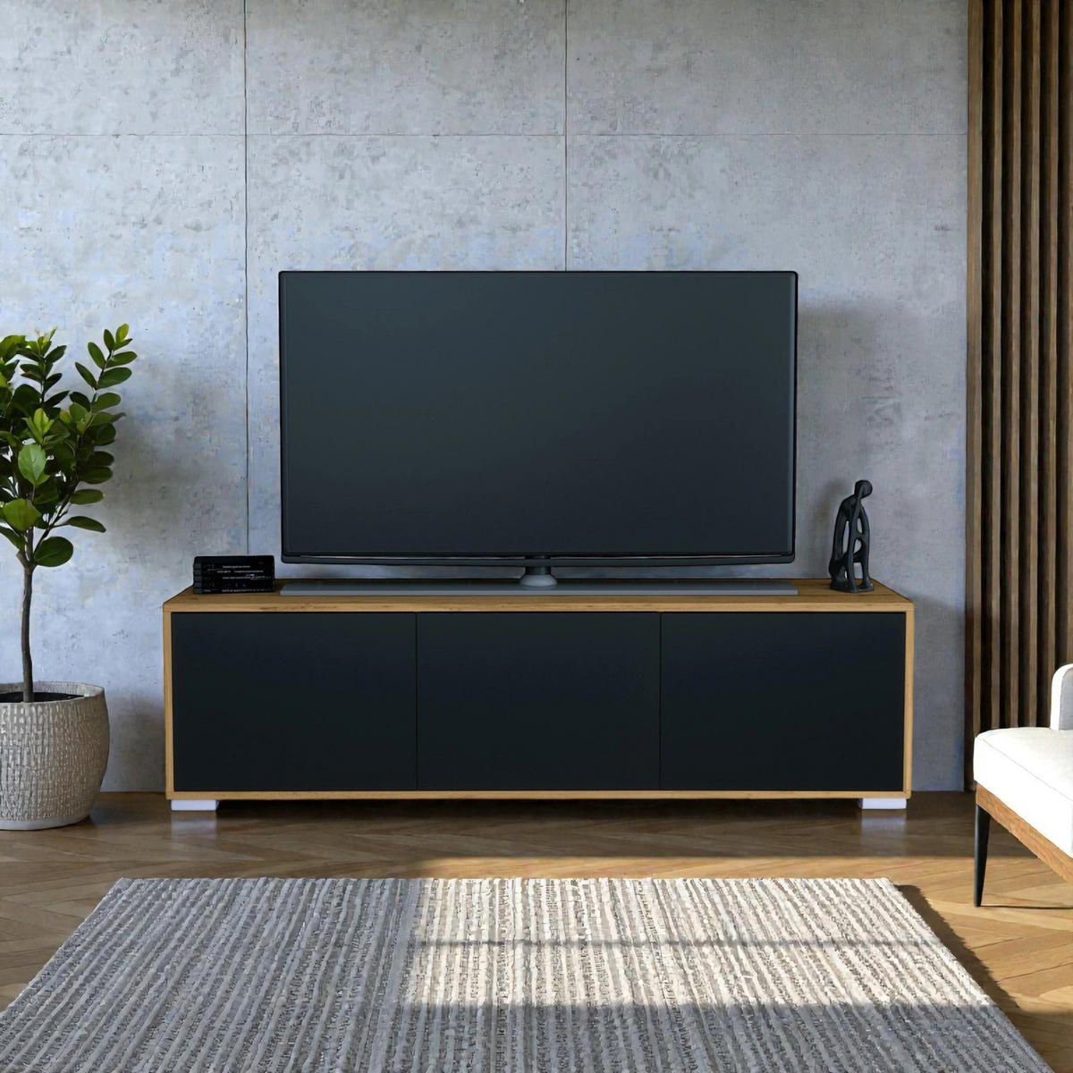 TV-BOARD Elena, Lowboard mit Push-to-Open, Made in Germany, Moderner Fernsehschrank, Eiche Evoke/Schwarz matt (152,5 x 43 x 37 cm) - Schwarz, Holzwerkstoff (152.5/43/37cm) - InnoFurn