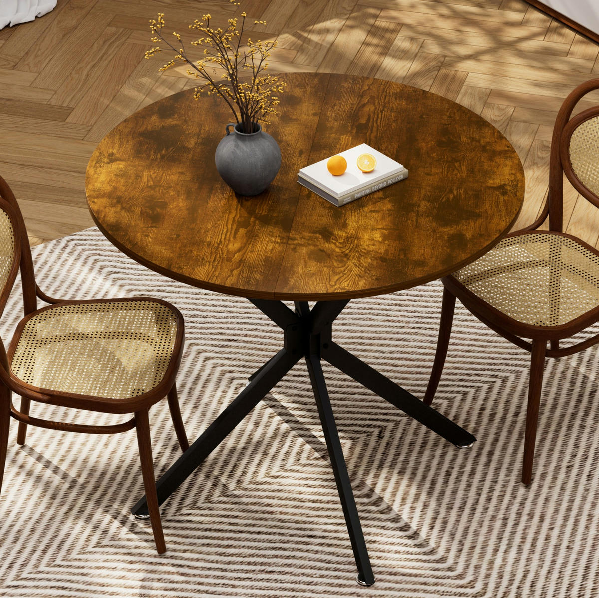 ESSTISCH 90/90/78 cm in Vintagebraun-Schwarz, rund mit Metallbeinen - Schwarz, Holzwerkstoff (90/90/78cm) - Flora Grace