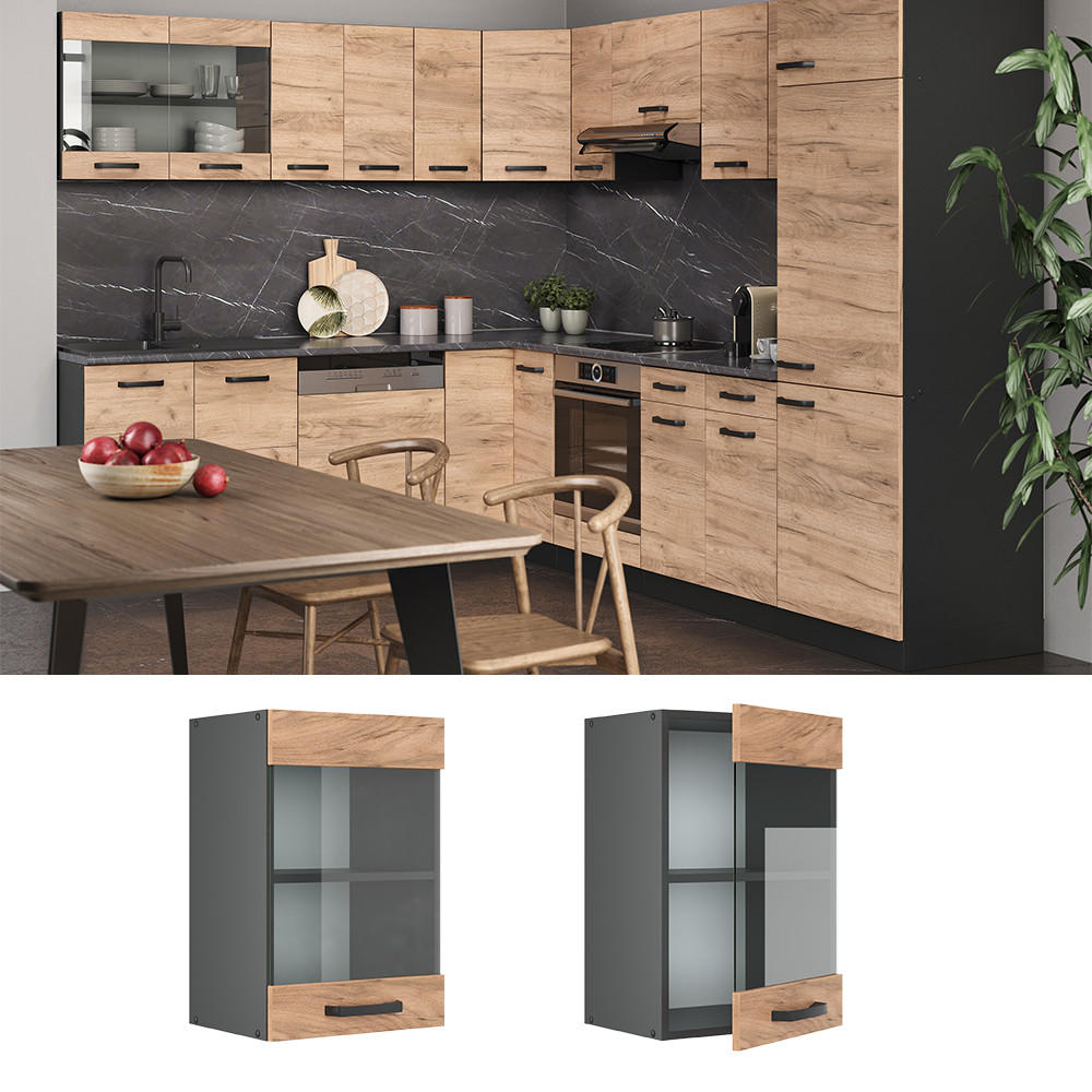 KÜCHENGLASSCHRANK R-Line Goldkraft Eiche 40 cm - Honigeiche/Anthrazit, Holzwerkstoff (40/60/31cm) - Vicco