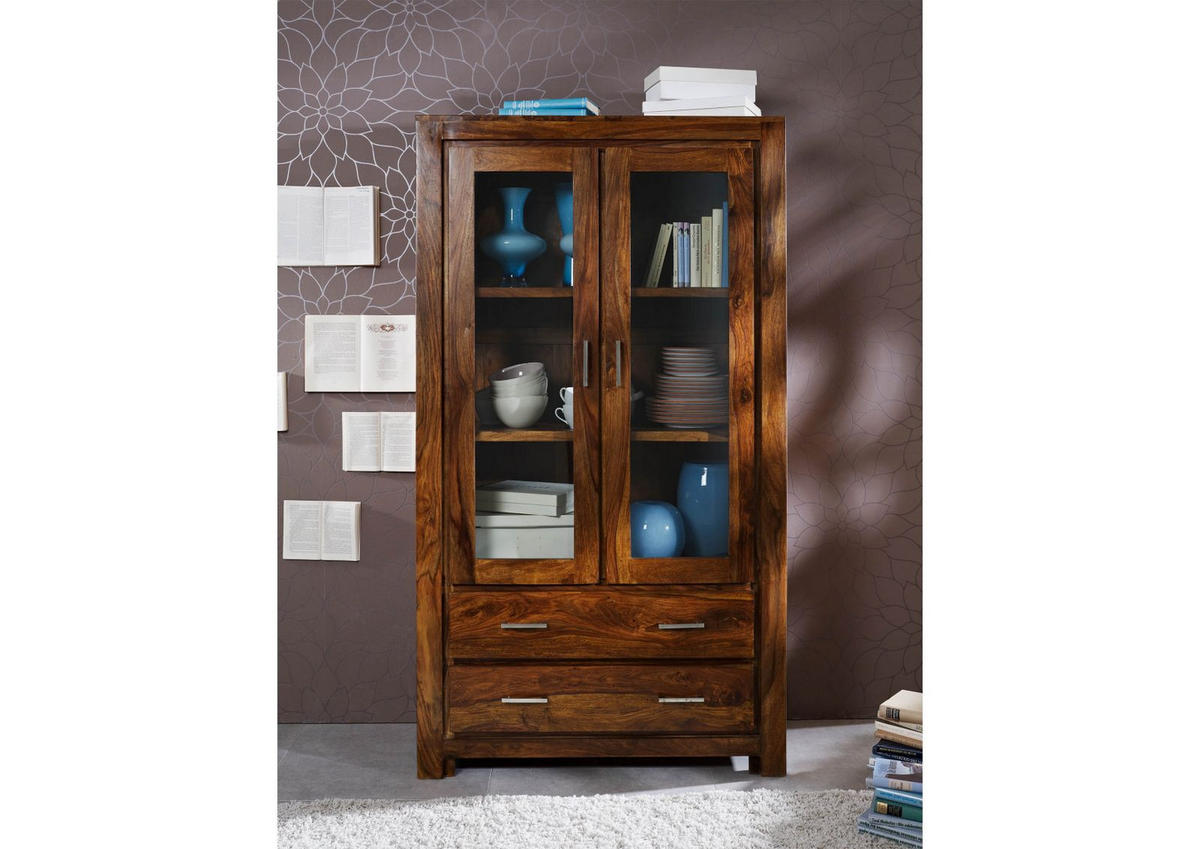VITRINE Sheesham 100x45x180 braun lackiert METRO LIFE #101 - Braun, Holz (100/180/45cm) - Massivmoebel24