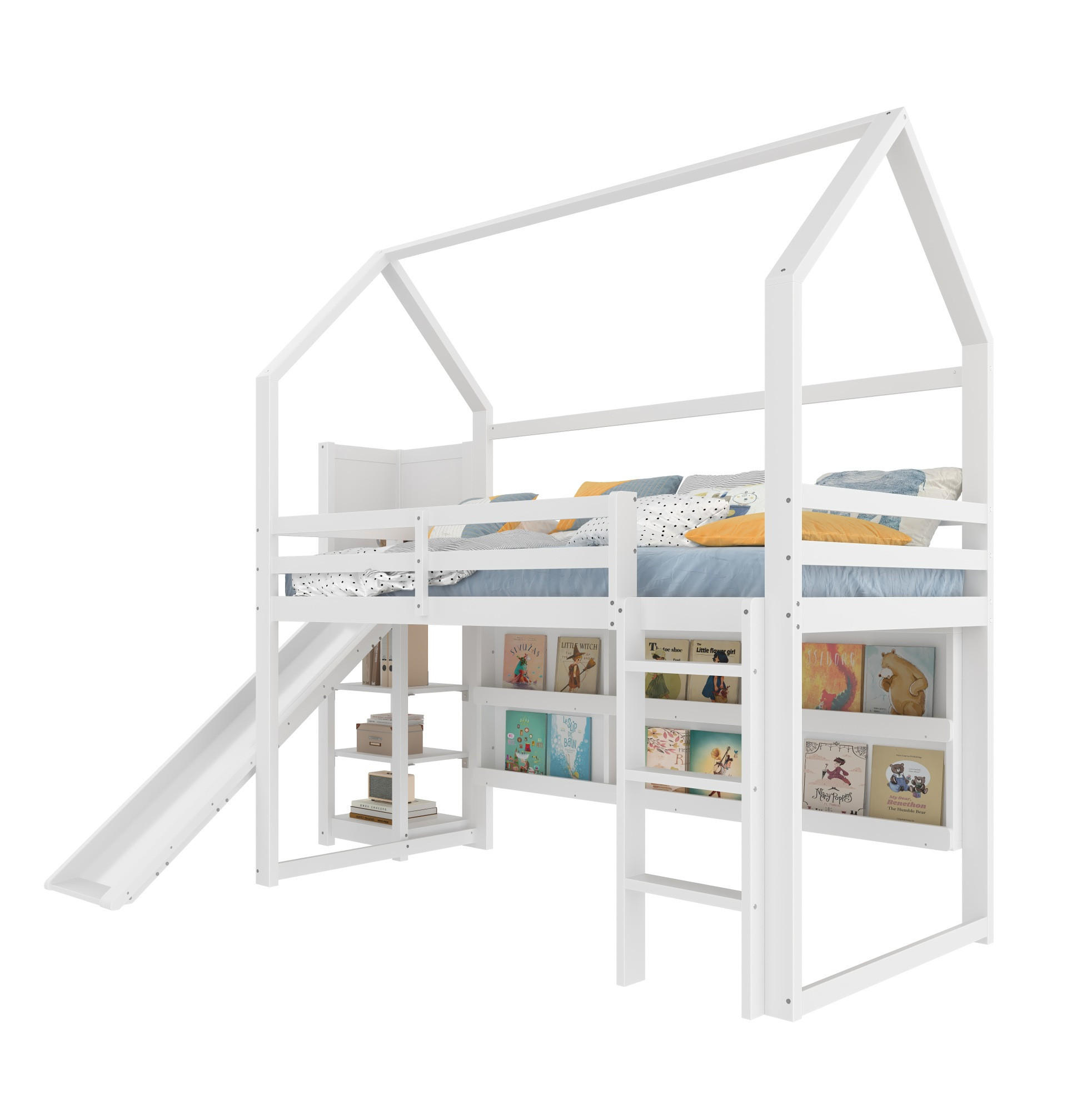 HOCHBETT 90/200 cm Weiß mit LED, Rutsche und Stauraum ohne Matratze - Weiß, Holz (90/200cm) - MIVRAY