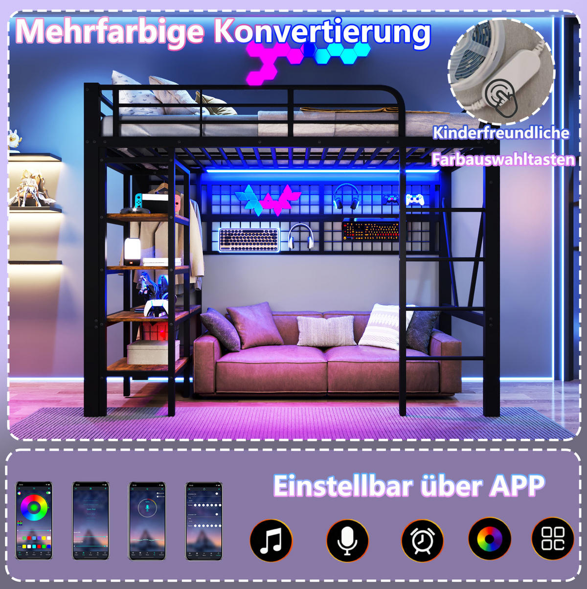 HOCHBETT 90/200 cm Schwarz mit LED und Ablagefach ohne Matratze - Schwarz, Metall (90/200cm) - MIVRAY
