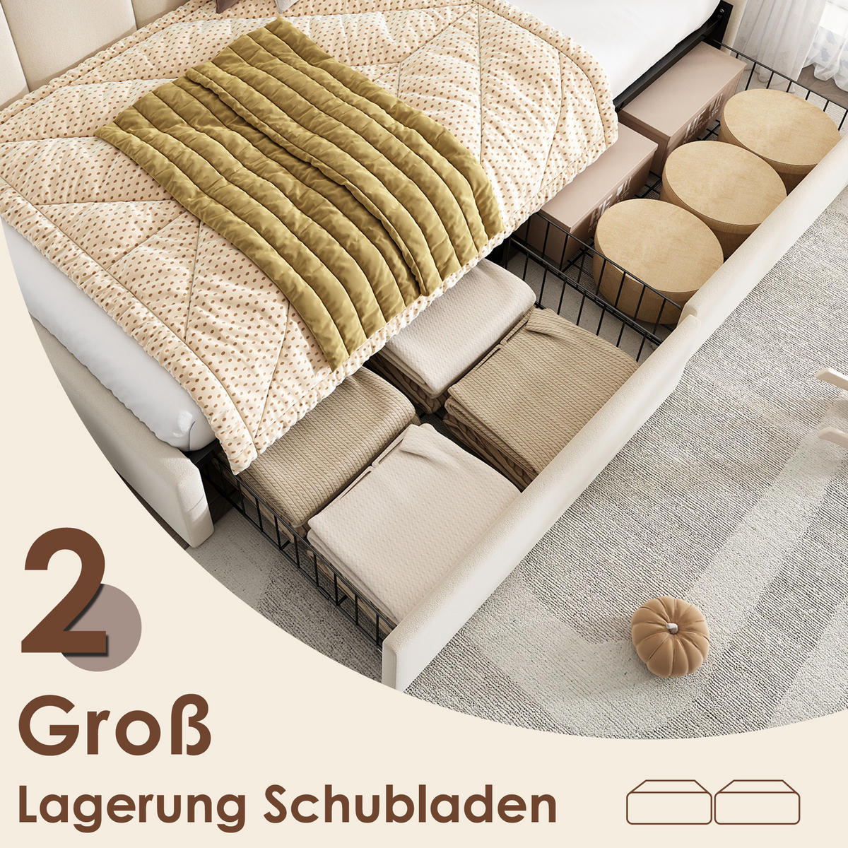 POLSTERBETT 90/190 cm mit 2 Schubladen, Samtbezug und austauschbaren Seitenteilen, Beige - Beige, Textil (90/190cm) - Redom