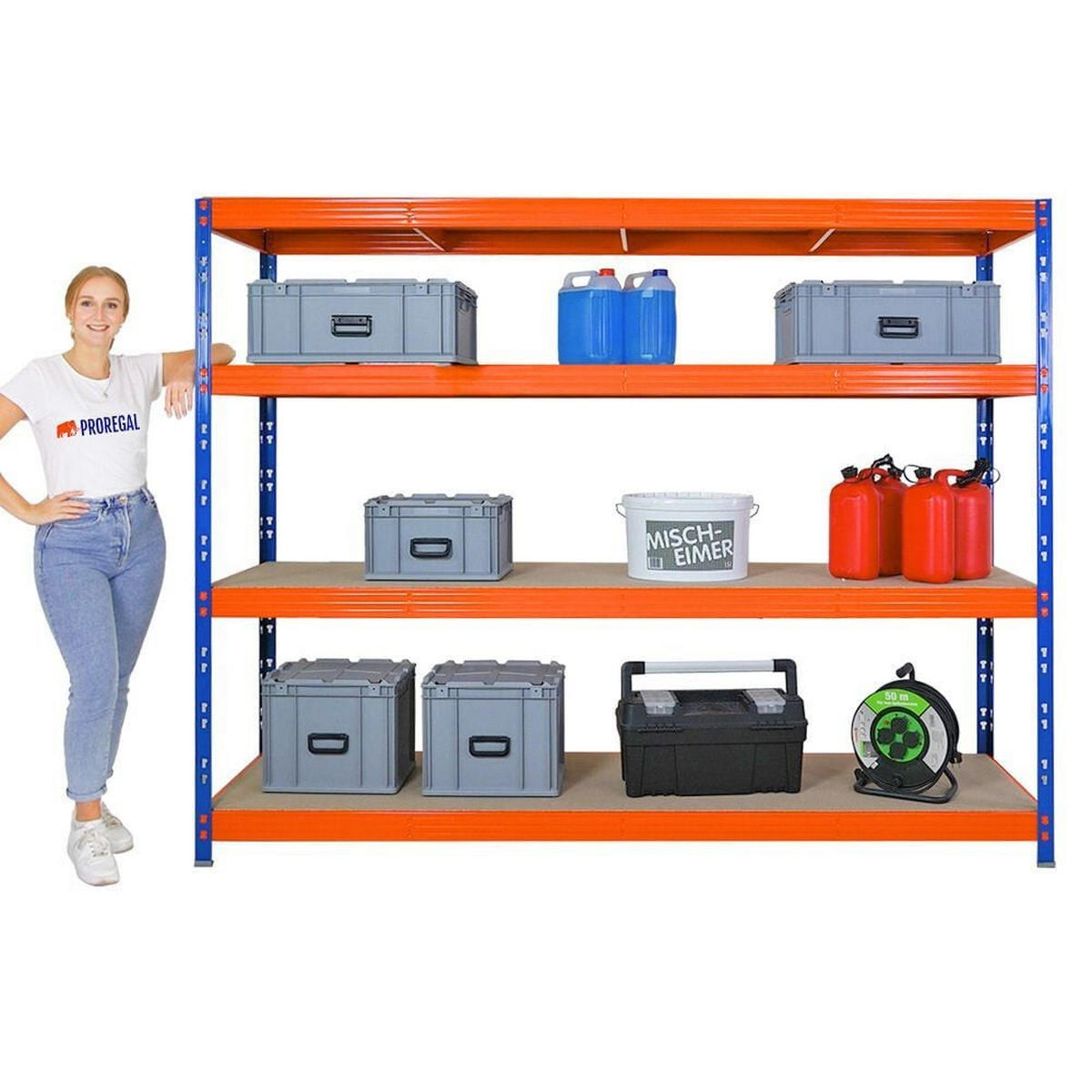 SCHWERLASTREGAL 3er-Set Rhino 180x240x60cm 4 Spanplatten-Ebenen 8mm Fachlast 450kg Blau/Orange - Orange, Metall (720/180/60cm) - PROREGAL