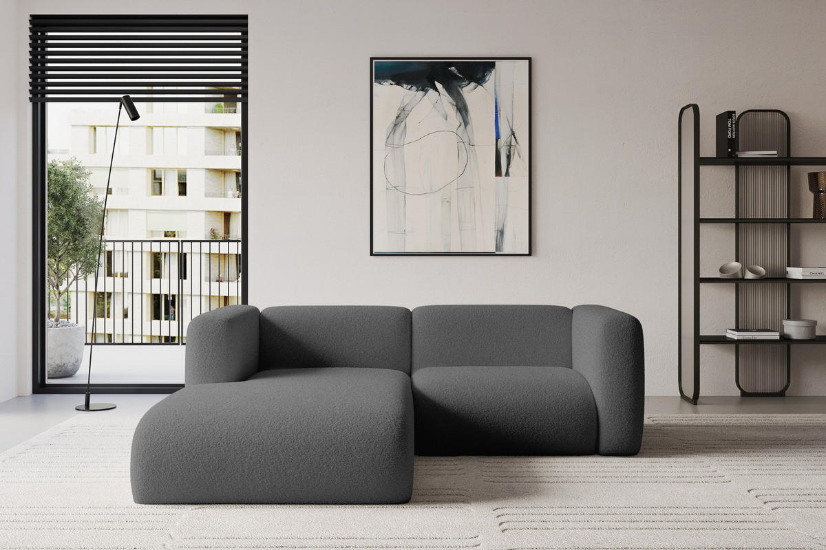ECKSOFA Ottomane Links MIRA-L1 227x179x89 Grau Bouclé - Platinfarben/Schwarz, Holzwerkstoff/Kunststoff (227/179cm) - ALTDECOR