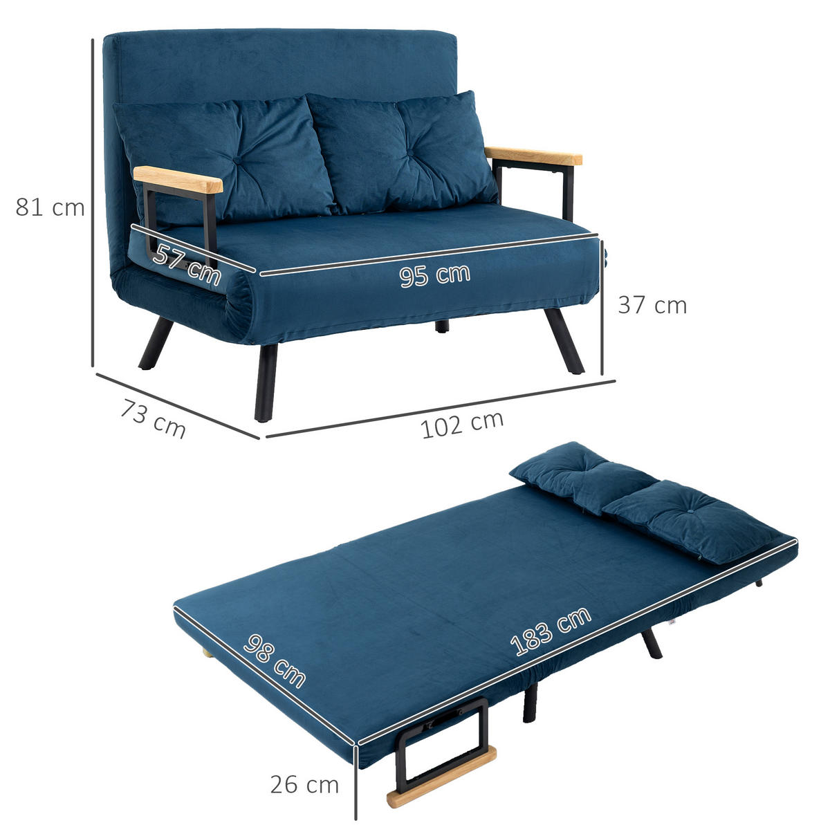 SCHLAFSOFA 98,5/183 cm Liegefläche – klappbar mit verstellbarer Rückenlehne in Blau - Blau, Textil (73/81/102cm) - BEAOK