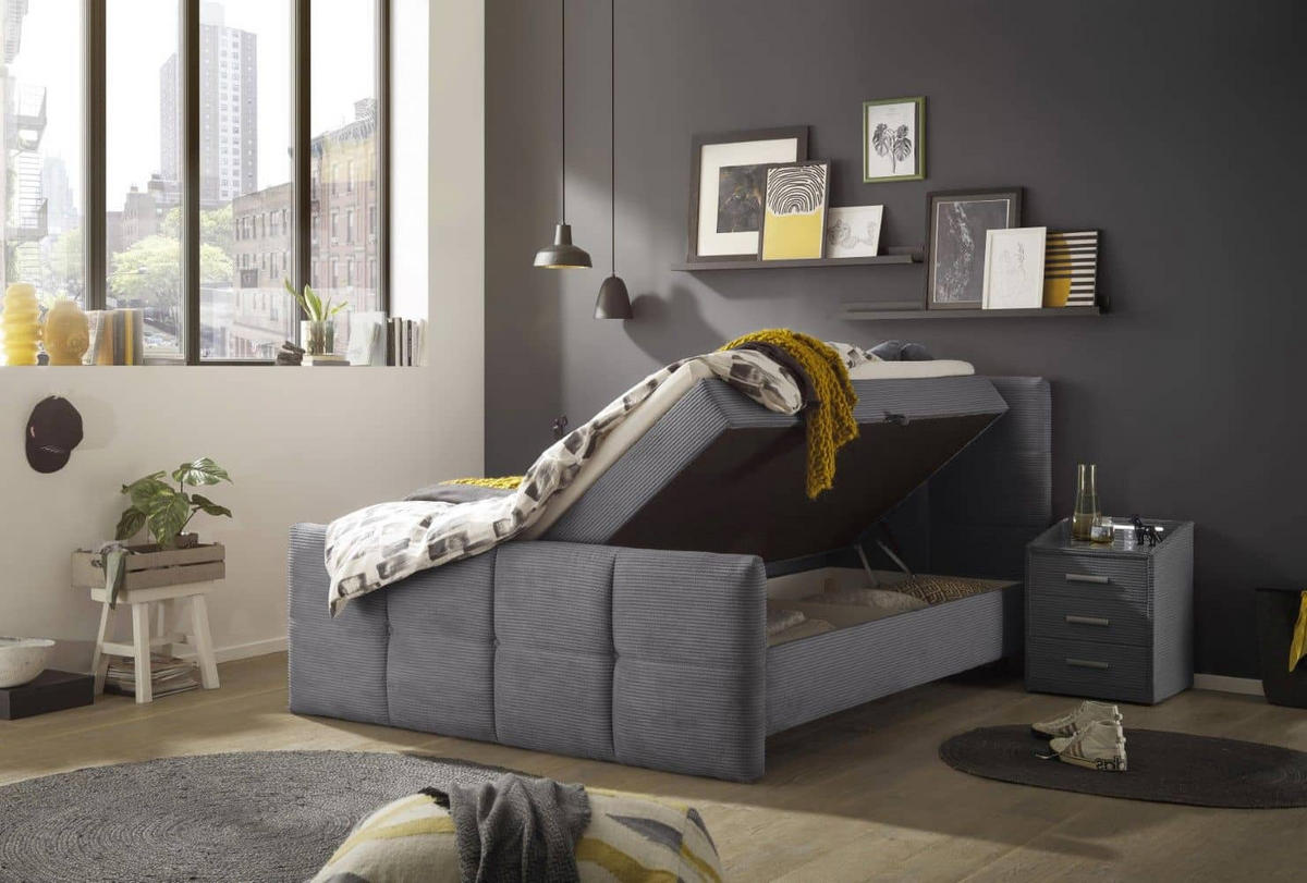 BOXBETT Breitcord, 7-Zonen-Tonnentaschen-Federkernmatratze, HR-30 Topper, Bettkasten - Schwarz/Graphitfarben, Holz/Kunststoff (180/200cm) - ed exciting design