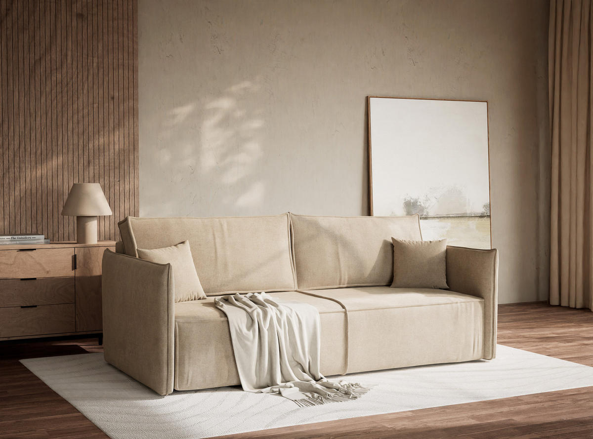 SOFA MIT SCHLAFFUNKTION Obra Beige Chenille-Stoff - Beige/Schwarz, Holz/Holzwerkstoff (220/70/107cm) - Maison de Reve