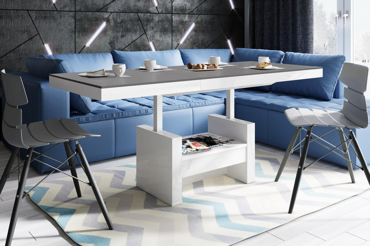 COUCHTISCH rechteckig Anthrazit matt Weiß Hochglanz Höhenverstellbar ausziehbar 12/75/55 cm - Weiß Hochglanz/Anthrazit, Holzwerkstoff (75/120/55cm)